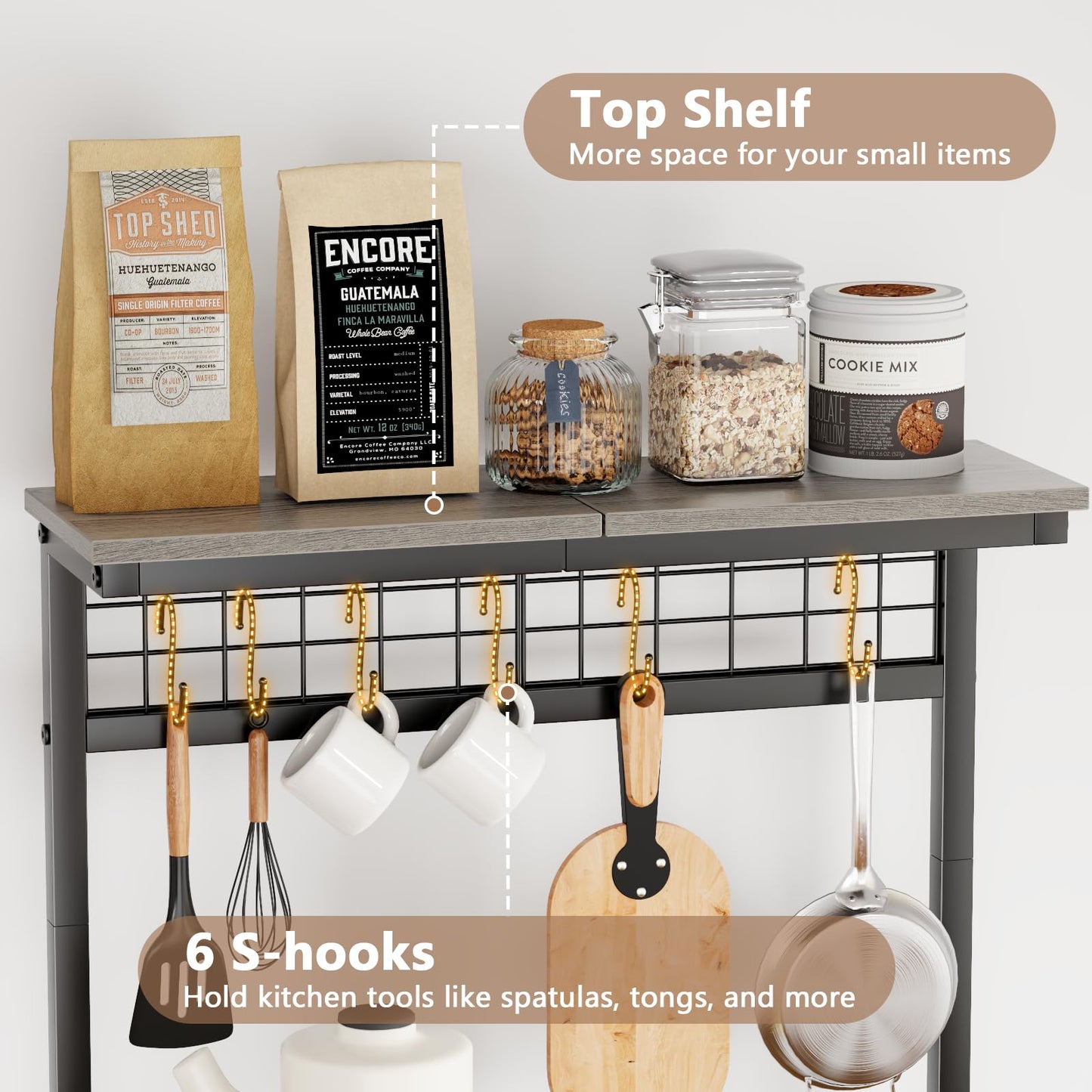 Furologee Kitchen Bakers Rack with Power Outlet, Coffee Bar Station with Storage 4 Tiers, Microwave Oven Stand with 6 S Hooks, Kitchen Storage Shelves Rack for Spices, Pots, Black Oak