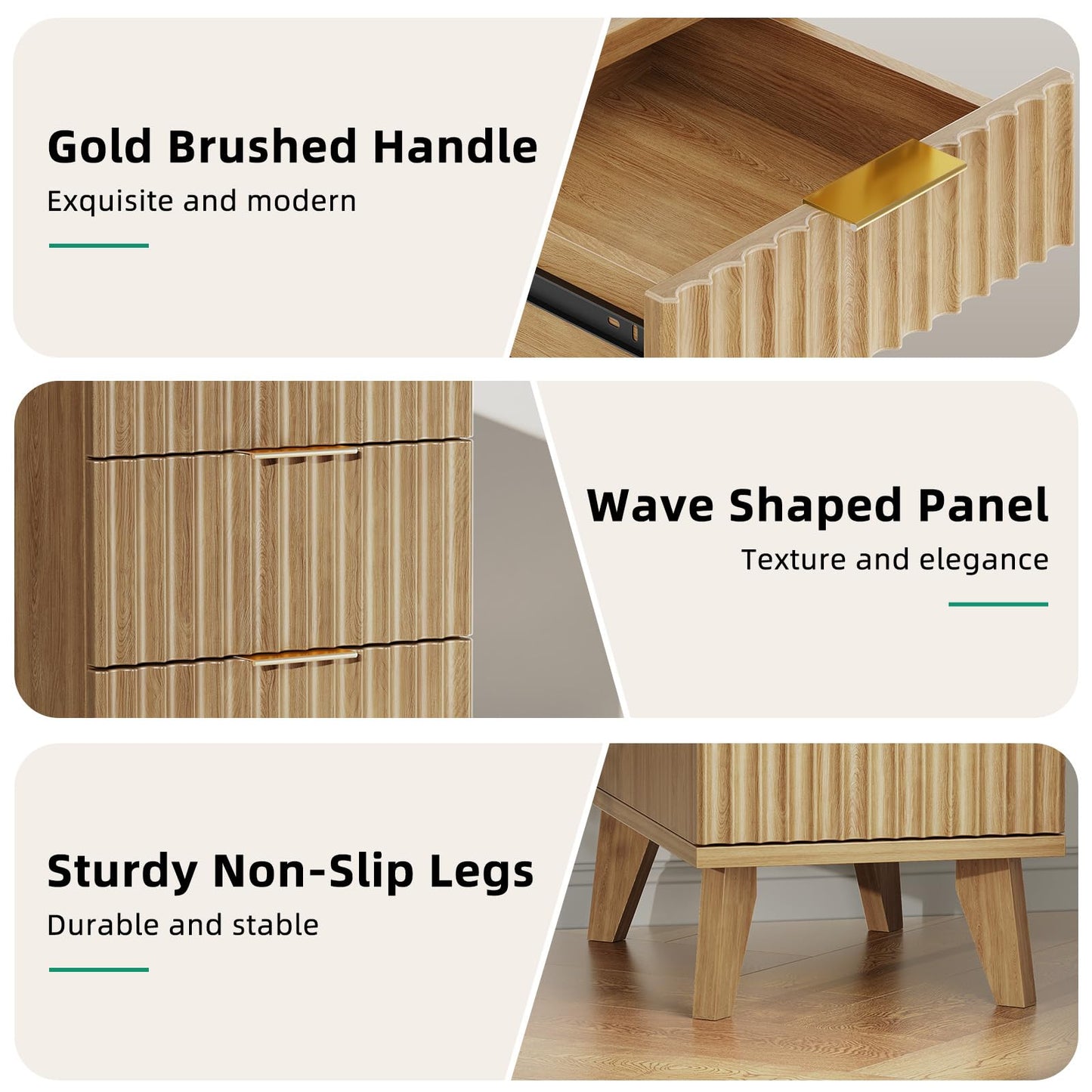 Kalrin Charging Nightstand with Hidden Outlets & 3 Drawers, Modern End Table, Bedside Table with USB Ports, Wave Groove Design, Compact Size, Heavy Duty Engineered Wood, Natural Wood Color