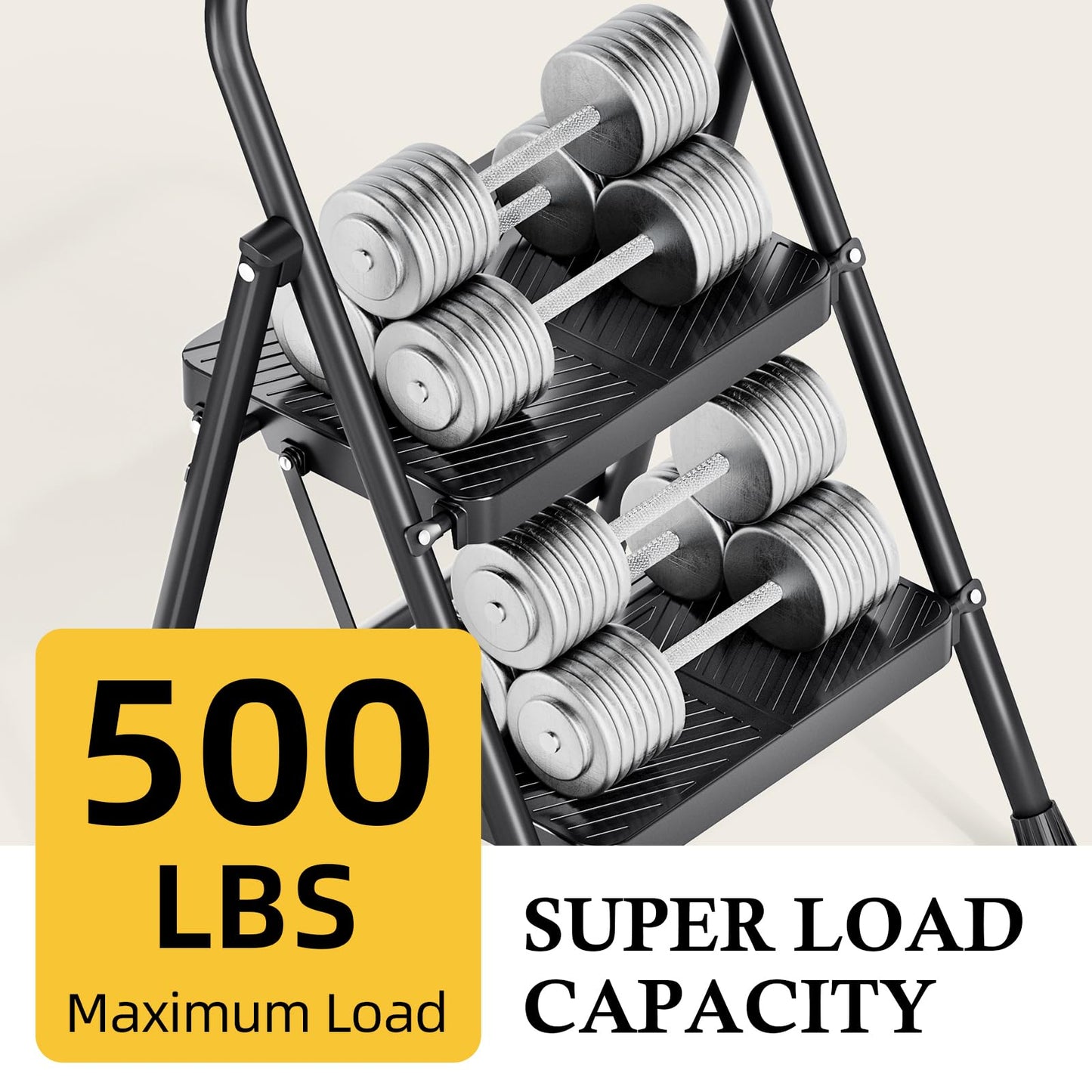 Urackify 2 Step Ladder, Folding Ladder for Multi-Purpose, Home, Kitchen, Heavy Sturdy Steel Portable Step Stool with Handrail, Safe-Lock Design, Anti-Slip Wide Pedals, Pass 500lbs Load Testing, Black