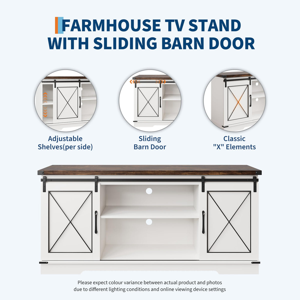 IDEALHOUSE Farmhouse TV Stand and Entertainment Center for Tv up to 65 inches with Sliding Barn Doors, Tv Media Console Table with Storage Cabinet for Living Room, White & Brown