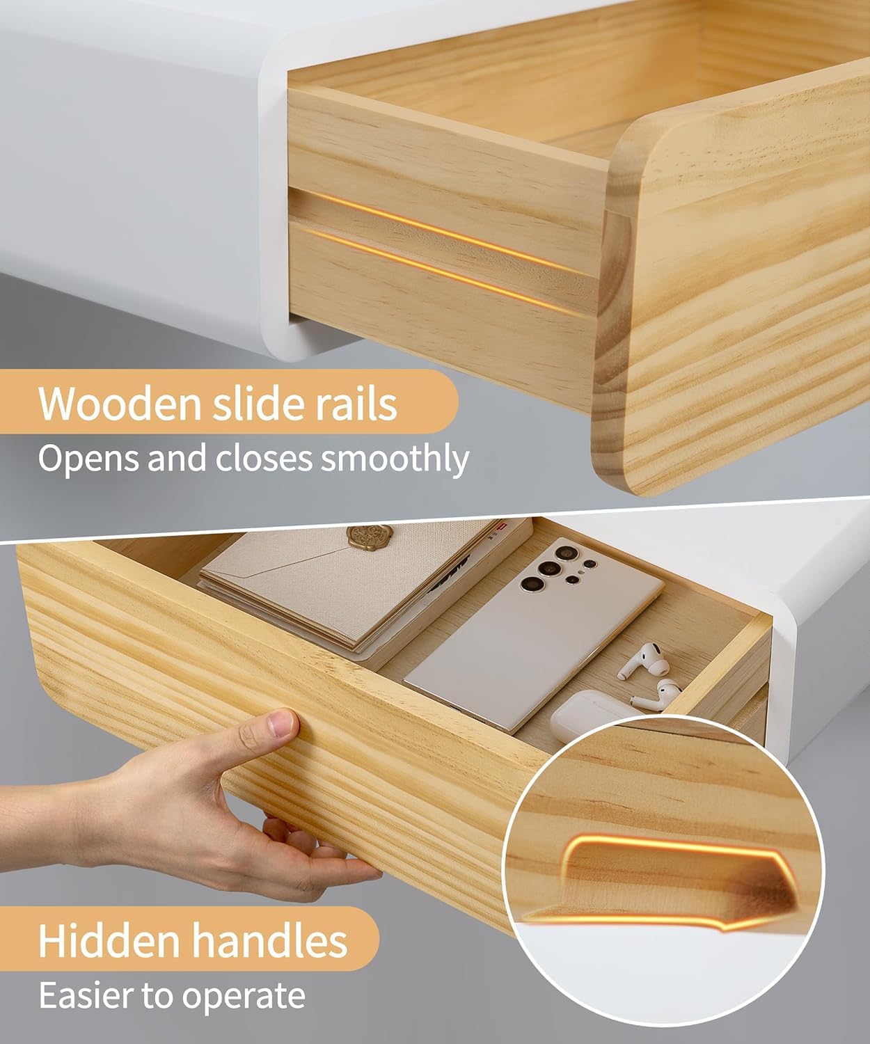 SUMGAR Floating Nightstand White with Drawers Modern Bedside Table Organiser Fully Assembled Shelf Small Spaces Wall Mounted Storage Wood Furniture for Bedroom Home Decor