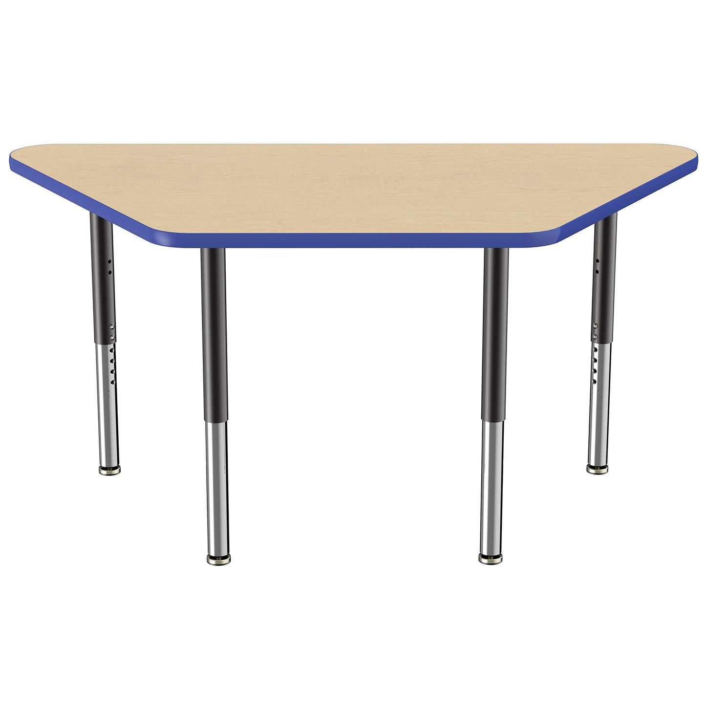 FDP Mobile Trapezoid Activity School and Office Table (30 x 60 inch), Super Legs with Glides and Casters for Collaborative Environments, Adjustable Height 19-30 inches - Maple Top and Blue Edge
