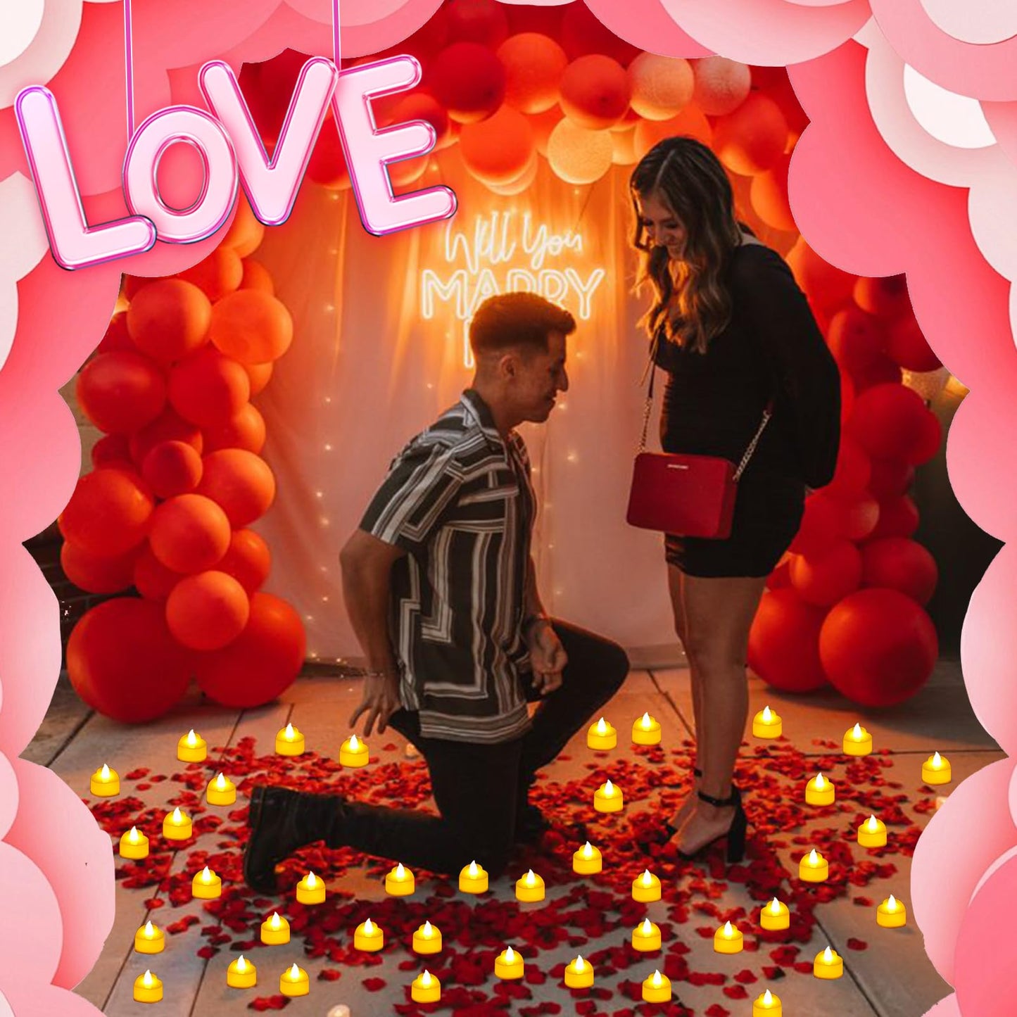 JMUQ 9000 Pieces Artificial Rose Petals with 96 Pieces Romantic Heart Led Tealight Candles, Rose Petals and Candles Set for Weddings Anniversaries Proposals Decor(Warm White Light)