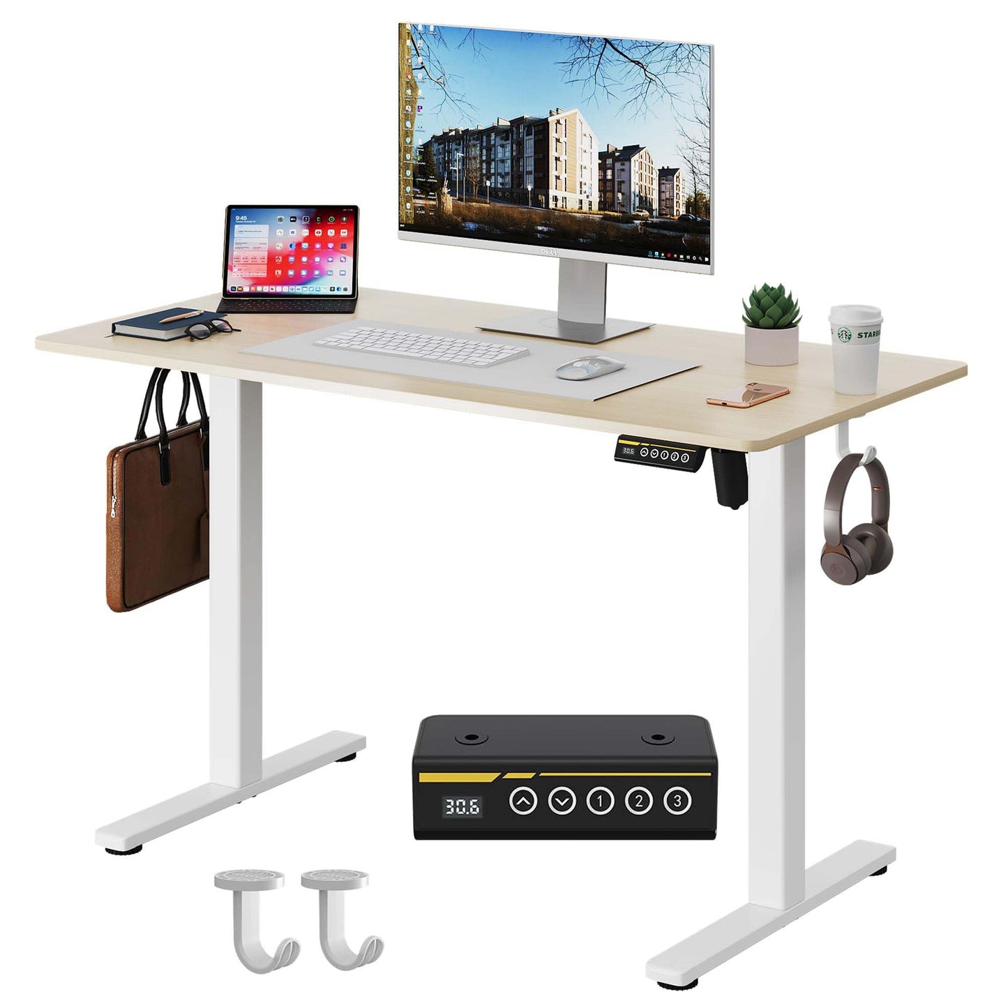 Gamork Electric Standing Desk,40x24 Inches Adjustable Height Stand up Desk, Sit Stand Home Office Desk with Splice Board, 3 Preset Heights,Equipped with Hooks,Ergonomic Computer Workstation，Nature