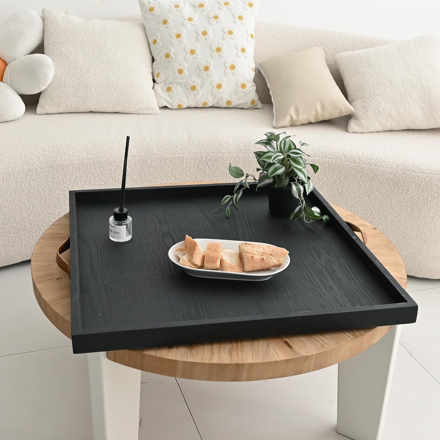 SwallowLiving 24 x 24 Inches Extra Large Square Wood Ottoman Tray with Leather Handles, Wooden Natural