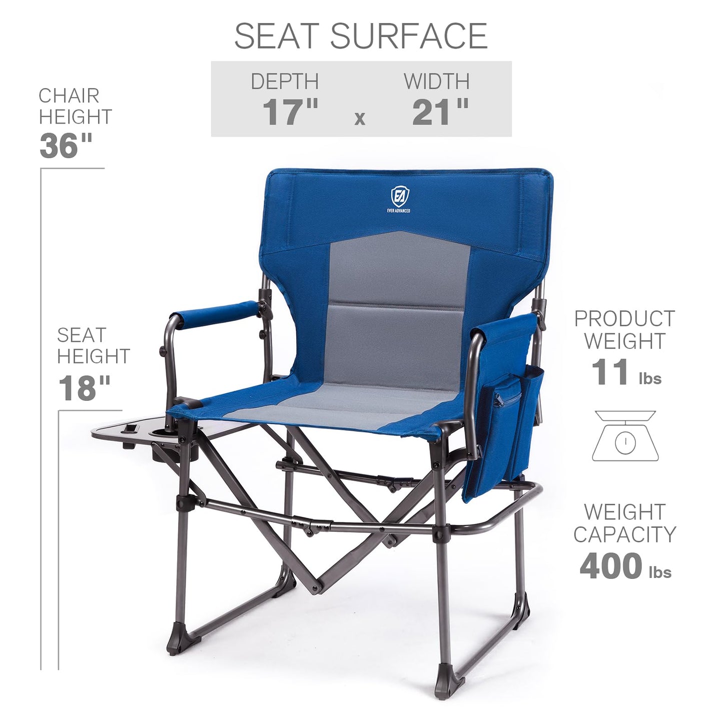 EVER ADVANCED Camping Directors' Chair with Side Table, Portable Folding Chair with Compact Size, Heavy Duty Lawn Chair with Pocket for Camping, Lawn, Sports and Fishing, 400lbs, Blue 2 Pack