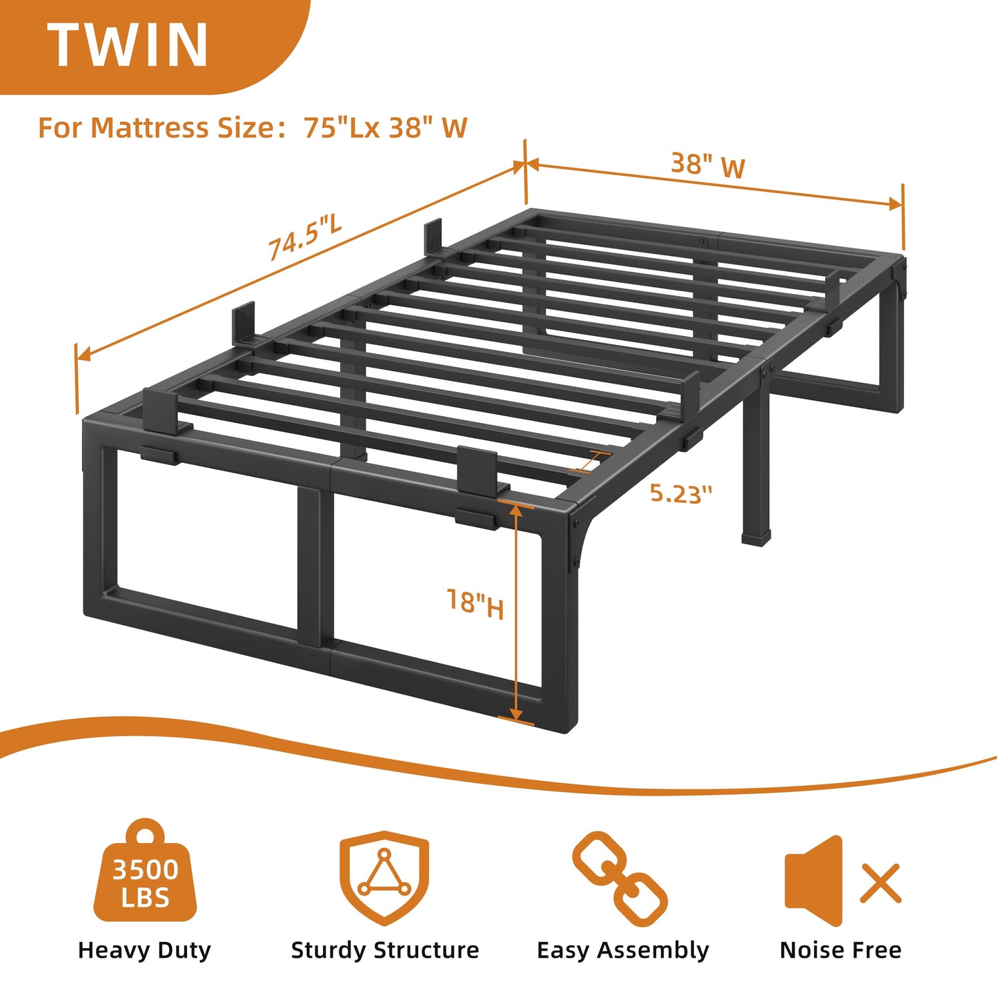 Cresyfu Twin Bed Frames, 18 Inch Metal Platform Bed Frame with Squeak Free U-Slot Design, 6 Non-Slip Guards, 3500lbs Heavy Duty Steel Slat Support, No Box Spring Needed, Under Bed Storage, Black