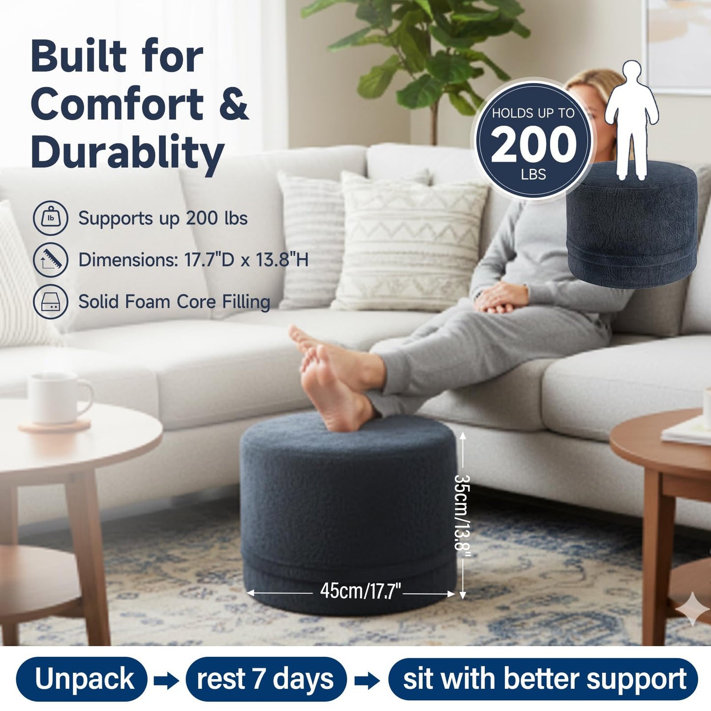 Tiita Stuffed Pouf Ottoman, Round Foot Stool Fluffy Floor Poufs Chair for Living Room Bedroom, Filled Boho Foot Rest for Couch, Blue-Grey