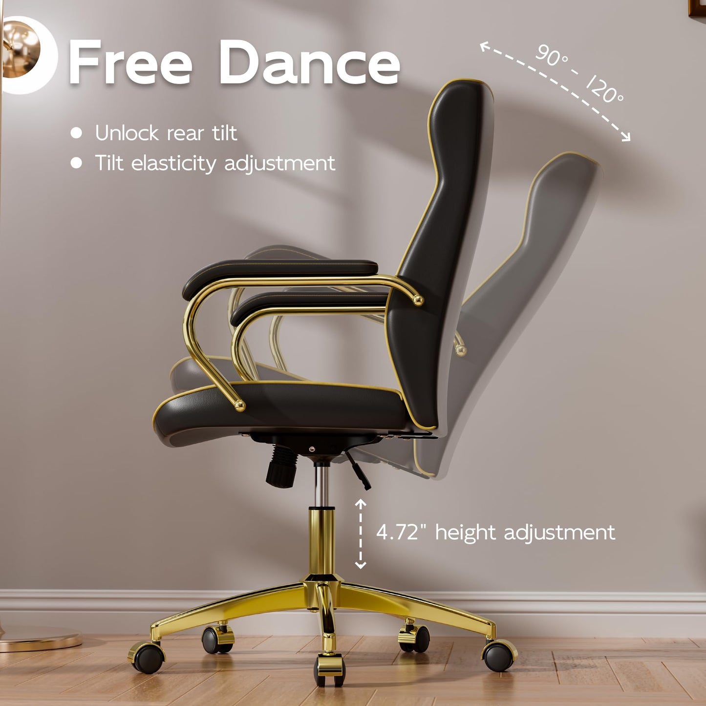 HomeZeer Black and Gold Office Chair with Soft Leather Embroidery, Mid Back Vintage Swivel Executive Desk Chair with Wheels and Padded Arms, Adjustable Height