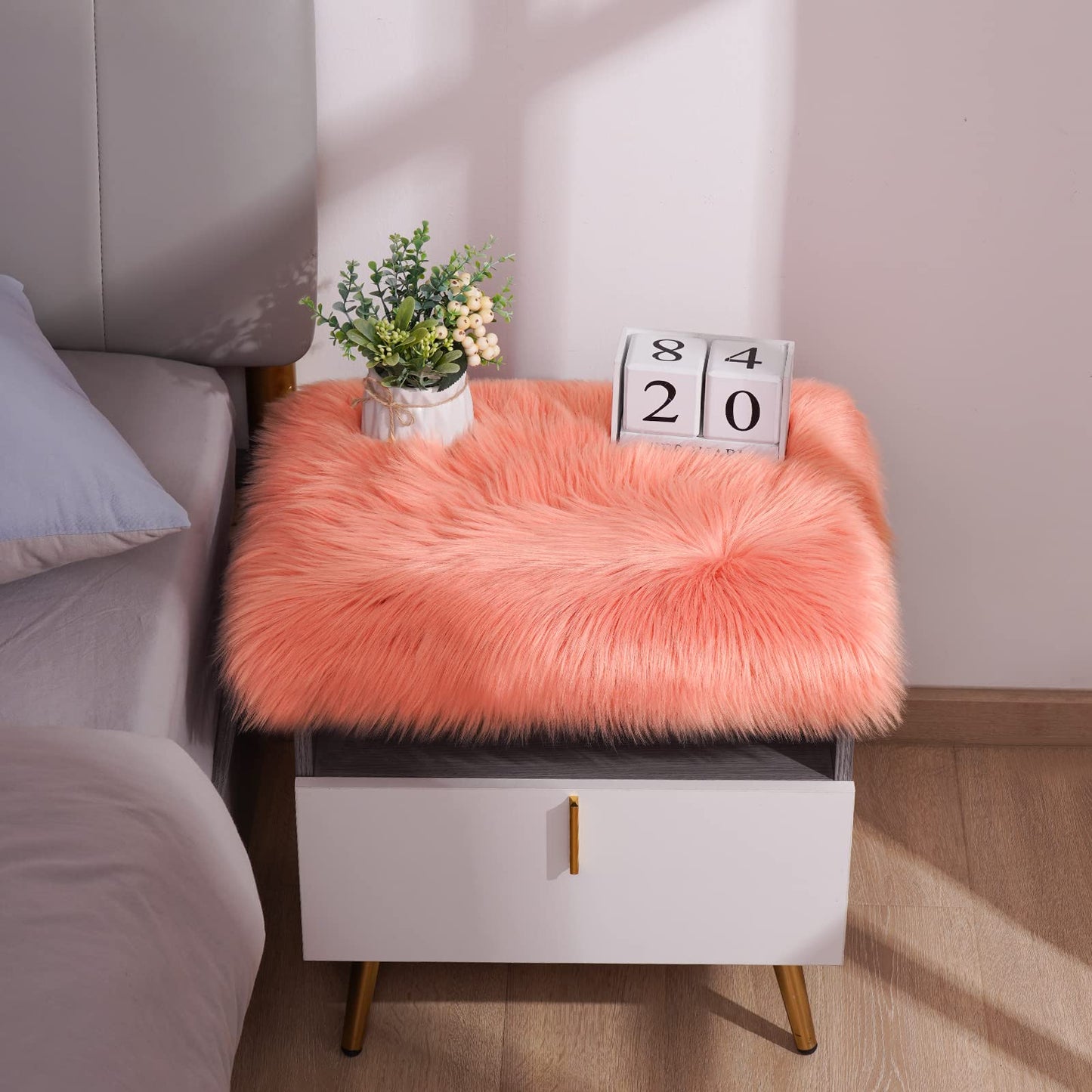 Softlife Square Faux Fur Sheepskin Chair Cover Seat Cushion Pad Super Soft Area Rugs for Living Bedroom Sofa (1.6ft x 1.6ft, Coral) 1 pack