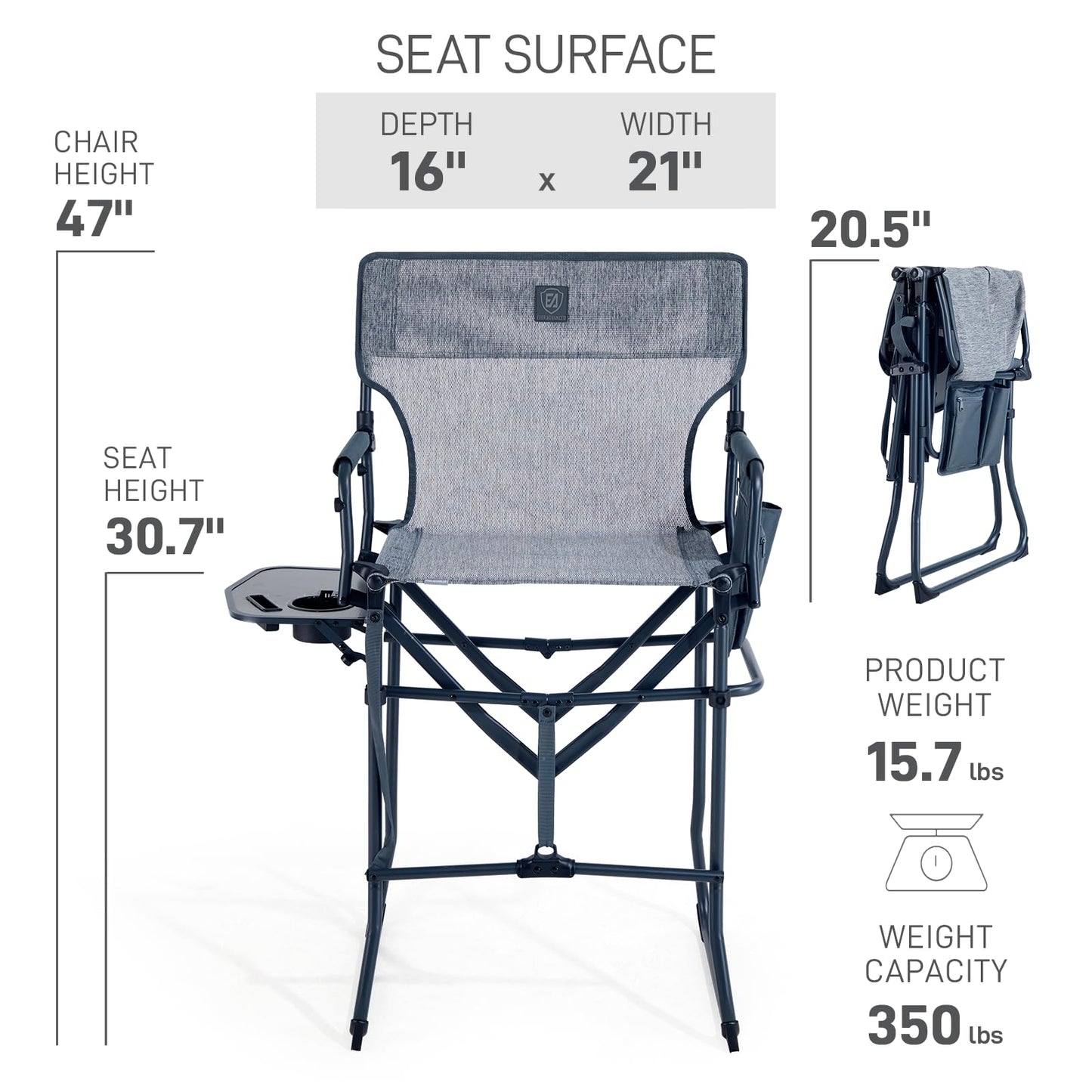 EVER ADVANCED Portable 30.7" Seat Height Tall Folding Camping Chair Directors Chair High Foldable Bar Stool with Side Table for Makeup Artist, Sports Event, Craft Show, Stretch Mesh, Supports 350LBS
