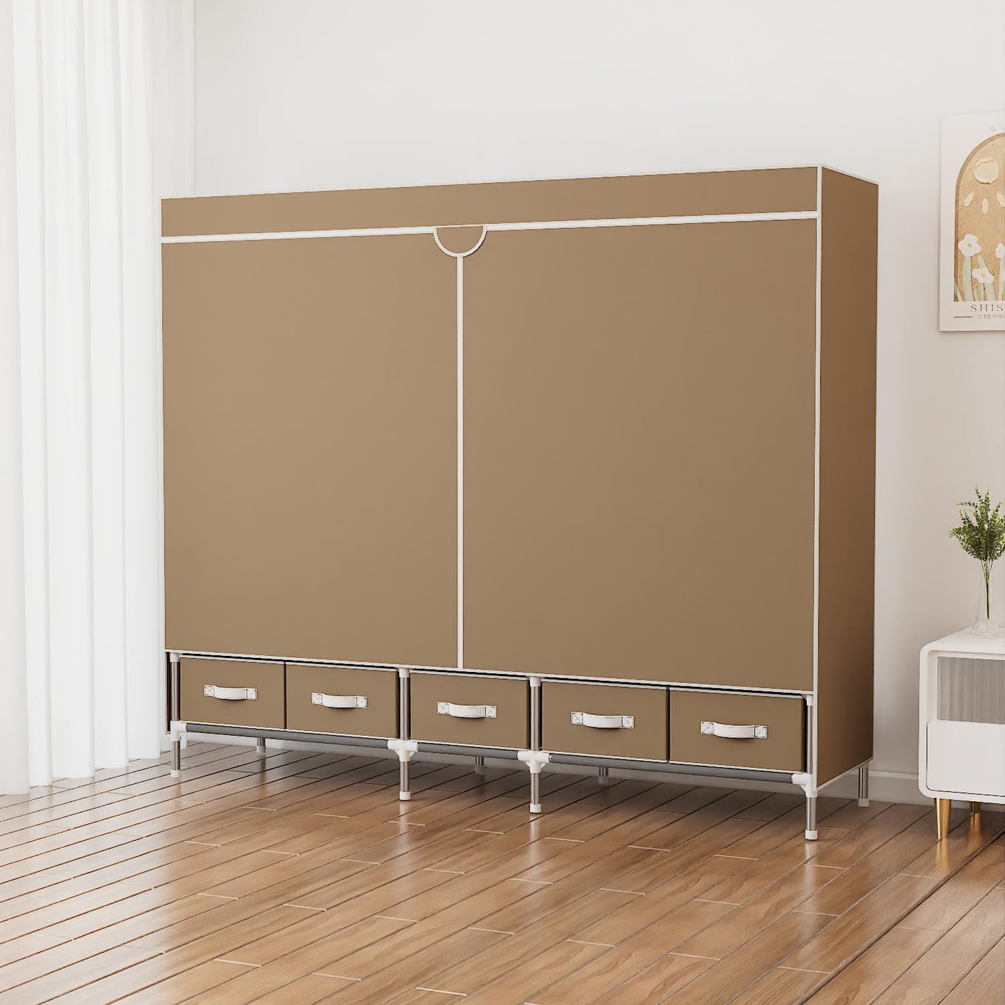 Kabudar Portable Fabric Closet with 5 Drawers, 72.8x17.7x67.7 Inch Sturdy Clothing Storage Organizer with Hanging Rod, Non-Woven Wardrobe for Bedroom Dorm Apartment (Coffee)