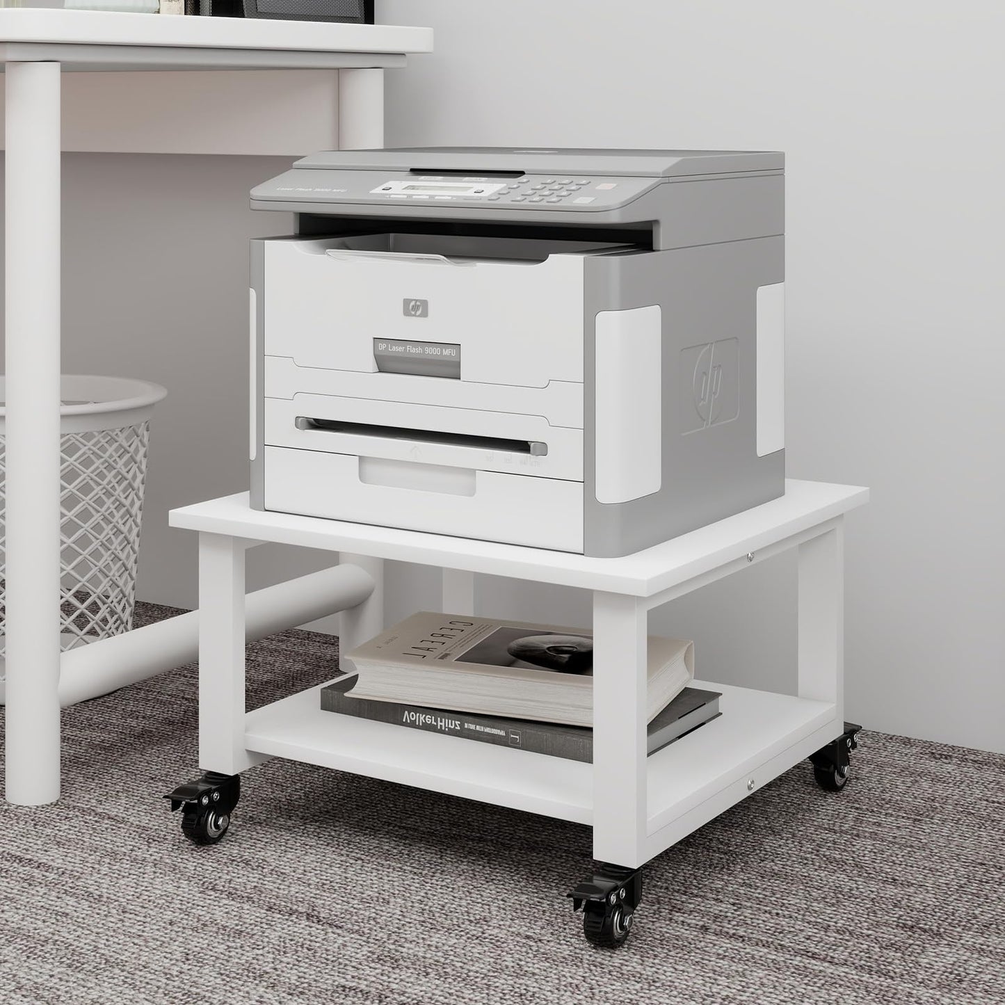 Natwind 2 Tier Laser Printer Stand,19.7''x19.7''x12.6'' Large Printer Table Copier Stand Under Desk,Heavy Duty Rolling Cart with Paper Storage Shelf,Printer Holder on Wheels for Home Office (White)
