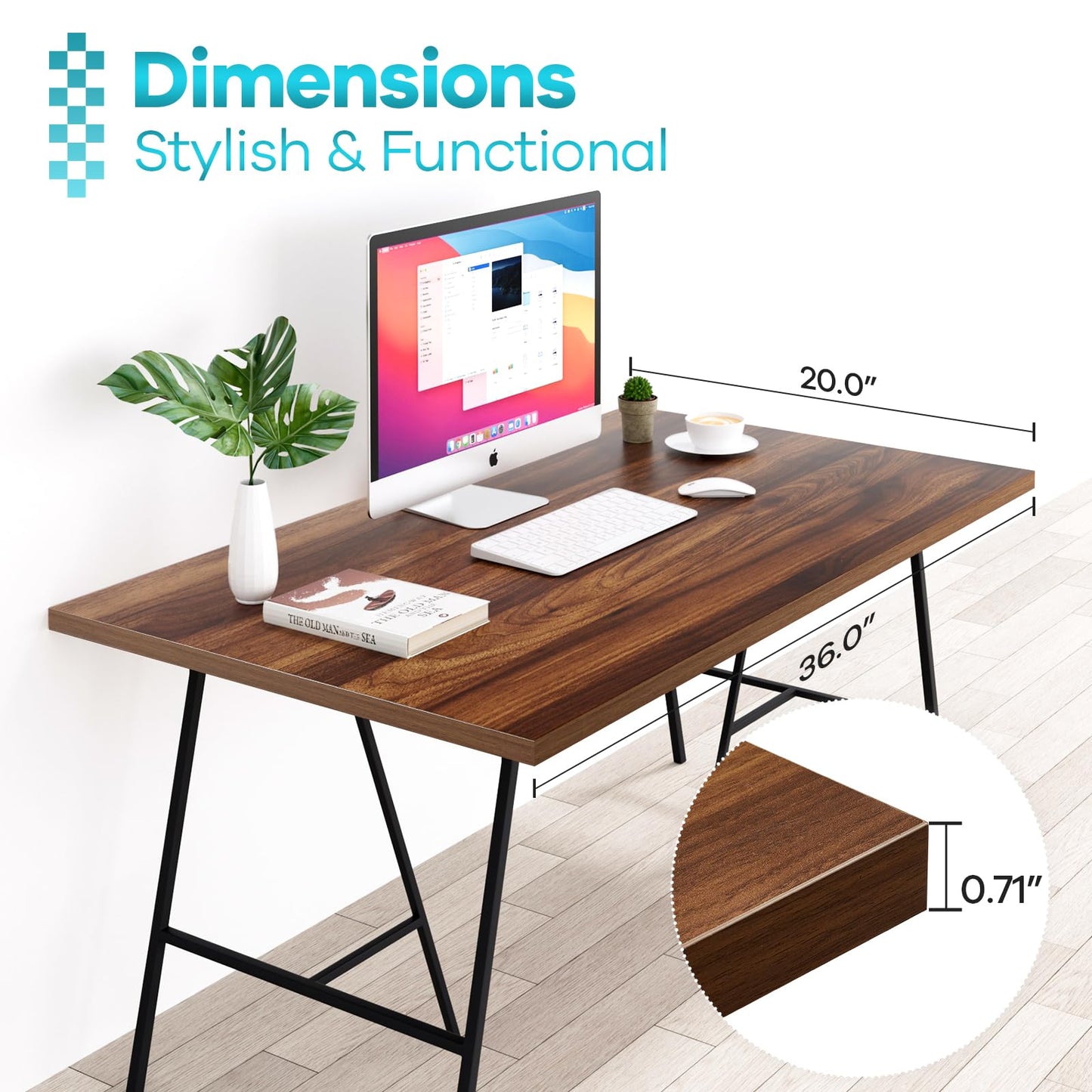 Kaboon Universal Tabletop 36"x20", Solid One-Piece Melamine Table Top, Double L-Desk Floating Desk DIY, Home and Office,Dark Walnut