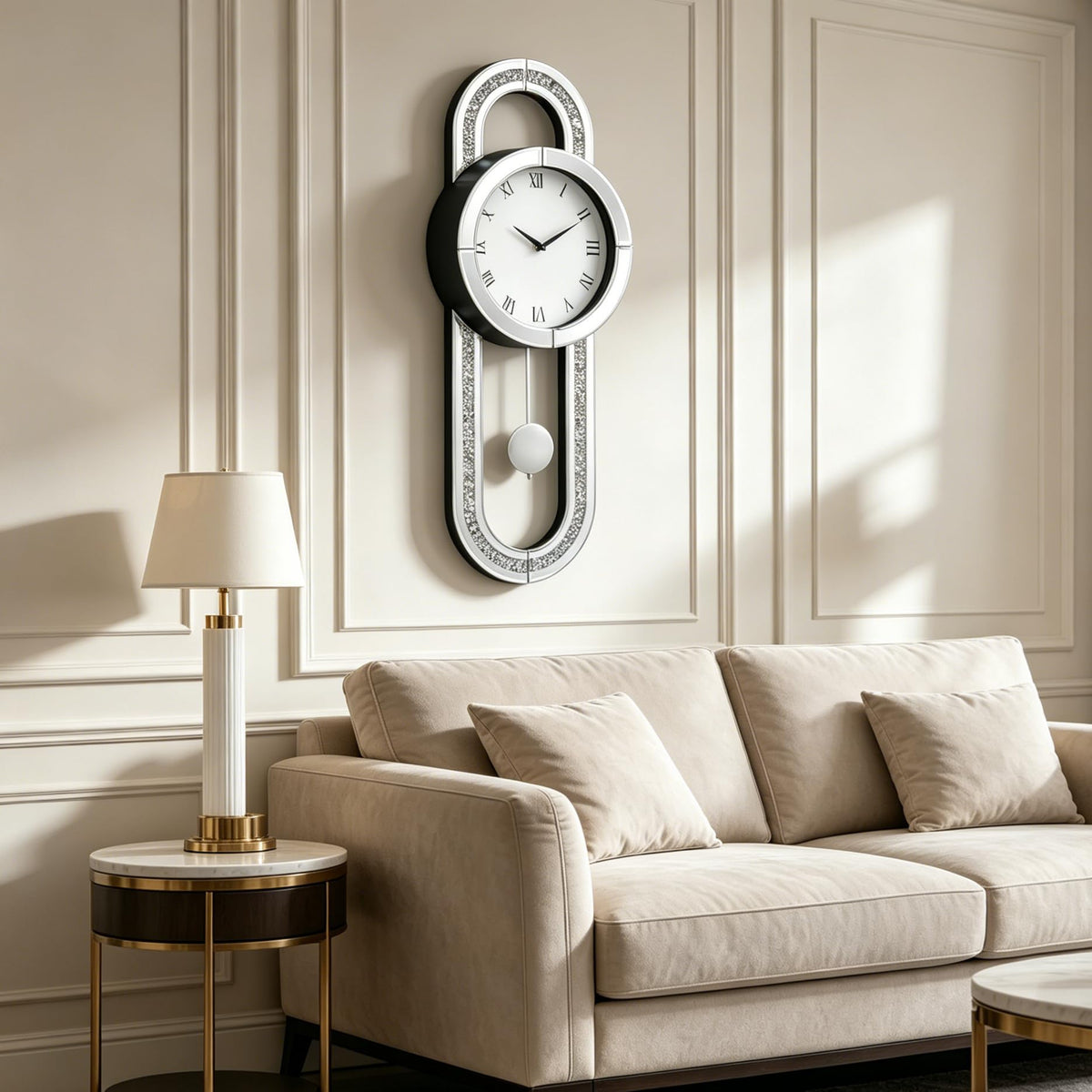 SHYFOY Decorative Wall Clock 31.5" Mirrored Pendulum Clock Silent Quality Quartz Luxury Large Wall Clocks with Crushed Diamond and Silver Glass for Living Room Home Decor & Gift