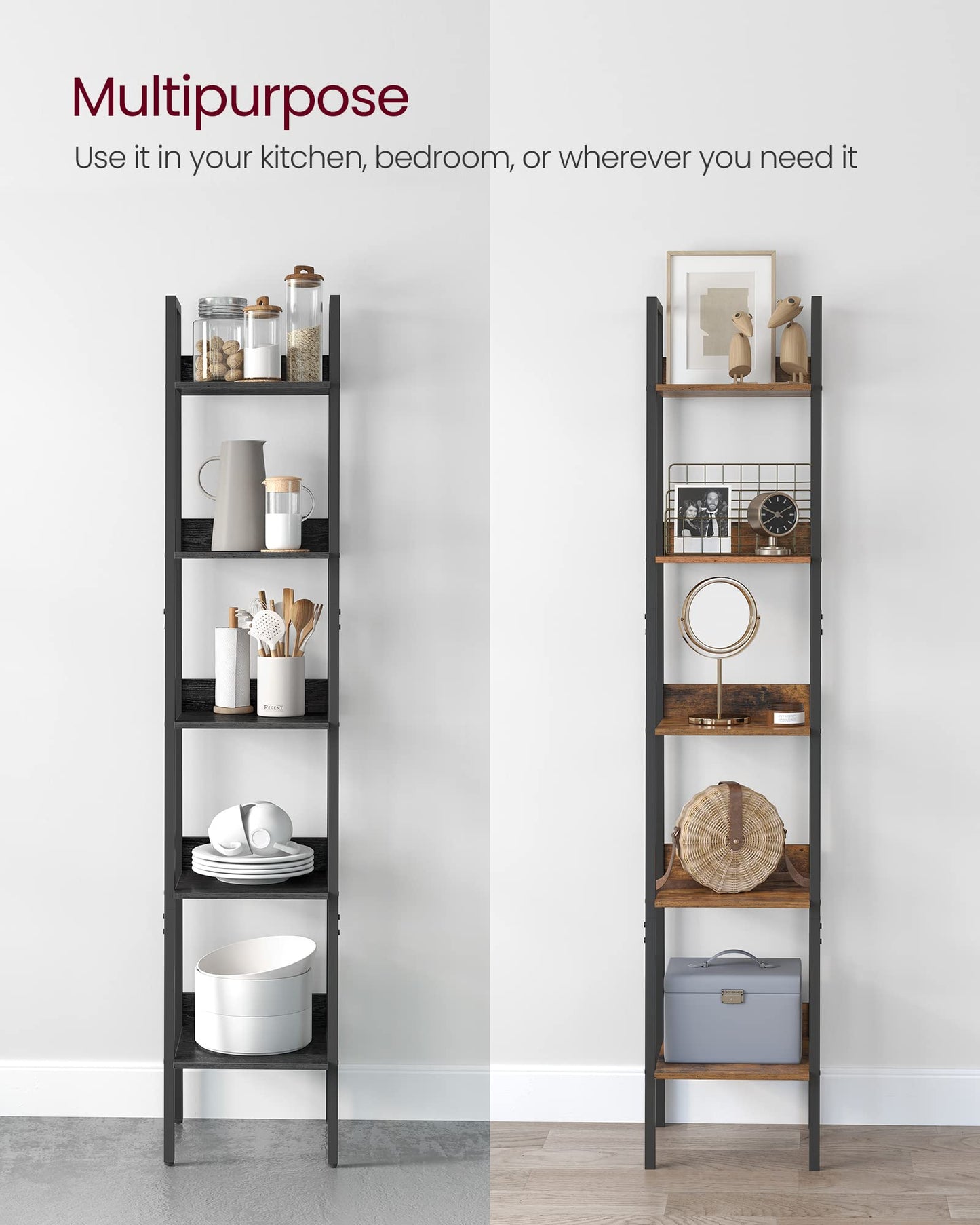 VASAGLE Bookshelf, 5-Tier Narrow Book Shelf, 11.8 x 13.3 x 66.9 Inches, Ladder Shelf for Home Office, Living Room, Bedroom, Kitchen, Ebony Black and Ink Black ULLS109B56