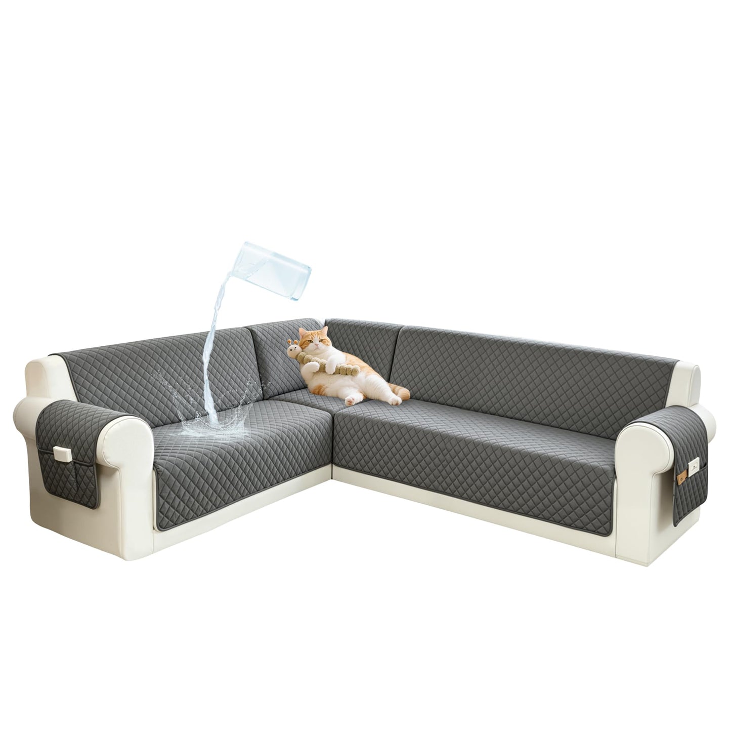 SYJOVIA Sectional Couch Covers for Dogs 100% Waterproof Corner L Shaped Sofa Cover Pet Friendly Velvet Washable Anti Slip L Shape Modular Sofa Slipcover Protector with Pockets (Dark Gray, X-Large)