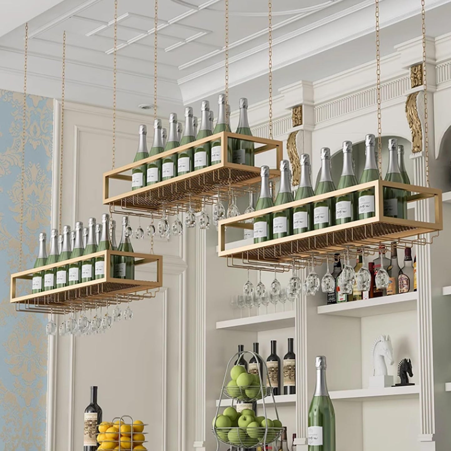 MSHOSAC Vintage Hanging Wine Glass and Bottle Holder Shelf for Bar Restaurant Cafe Metal Stand with Floating Storage Shelves Wall Mounted Shelving (60x25x20cm)