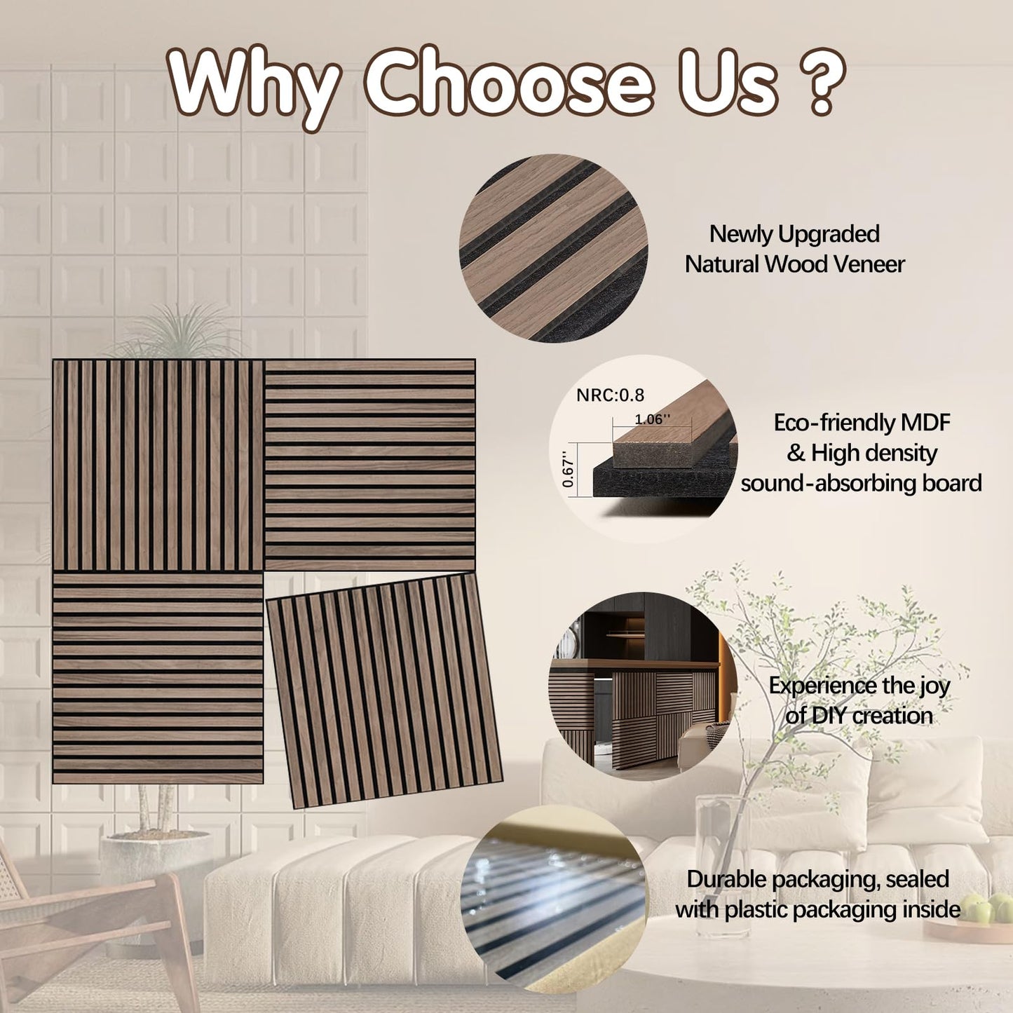 ARMURO Wood Slat Wall Panel - 4 PCS Walnut Wood Panels for Wall, Natural Wood Veneer Acoustic Slat Wood Wall Panels - Wood Slats for Wall Soundproof Wood Panels 23.6" W x 23.6" L