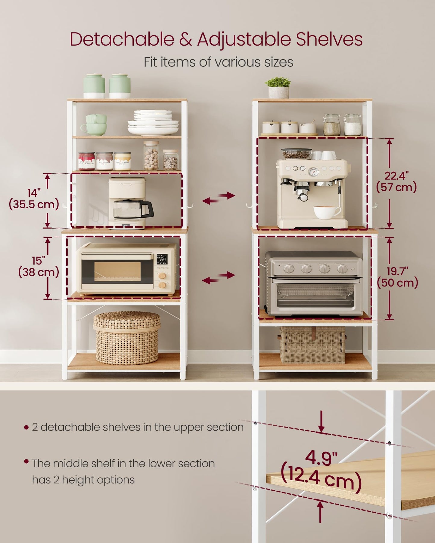 VASAGLE Coffee Bar, 23.6 Inches Baker's Rack for Kitchen with Storage, 6-Tier Kitchen Shelves with 6 Hooks, Microwave Stand, Modern, Golden Oak and Cloud White UKKS024W09