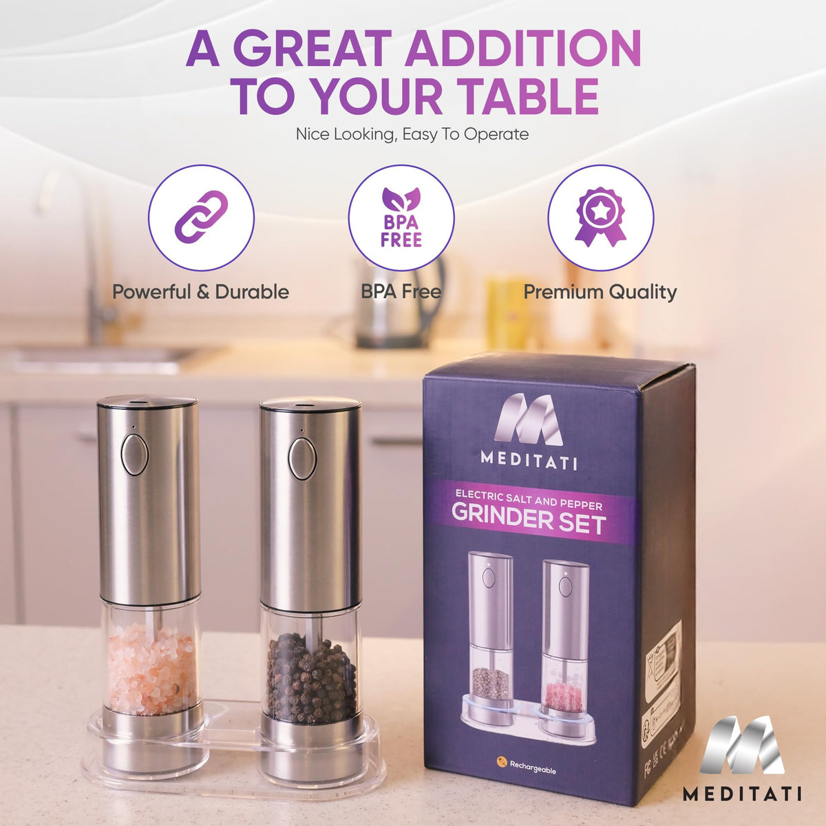 Meditati Rechargeable Automatic Salt and Pepper Grinder Set - One Hand Operation with LED Light for Precise Seasoning - Adjustable Coarseness with Ceramic Core - Set of 2