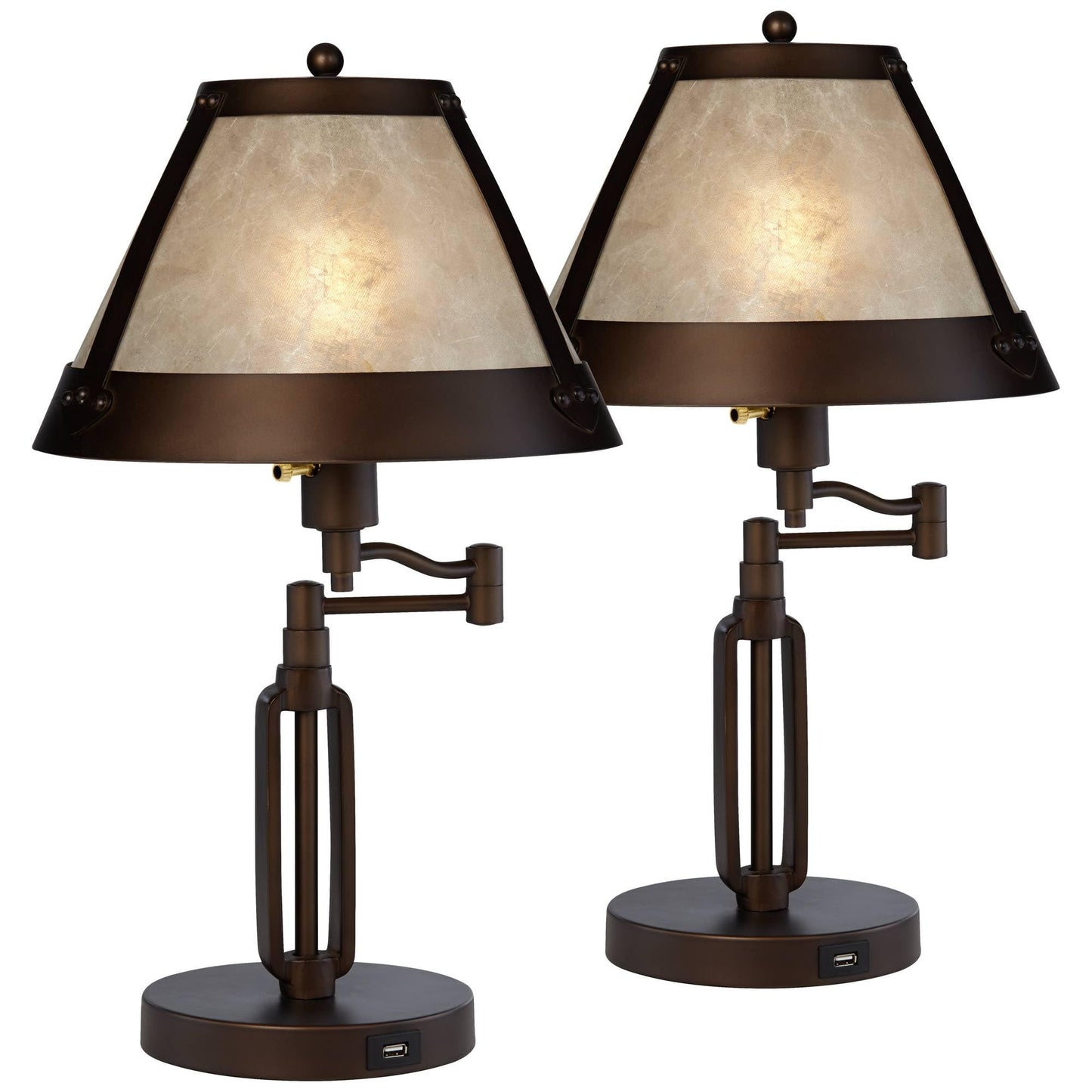 Franklin Iron Works Samuel Rustic Industrial Desk Table Lamps with USB Charging Port 21 1/4" High Set of 2 Bronze Swing Arm Mica Shade for Bedroom Living Nightstand Bedside Office Kids Room House