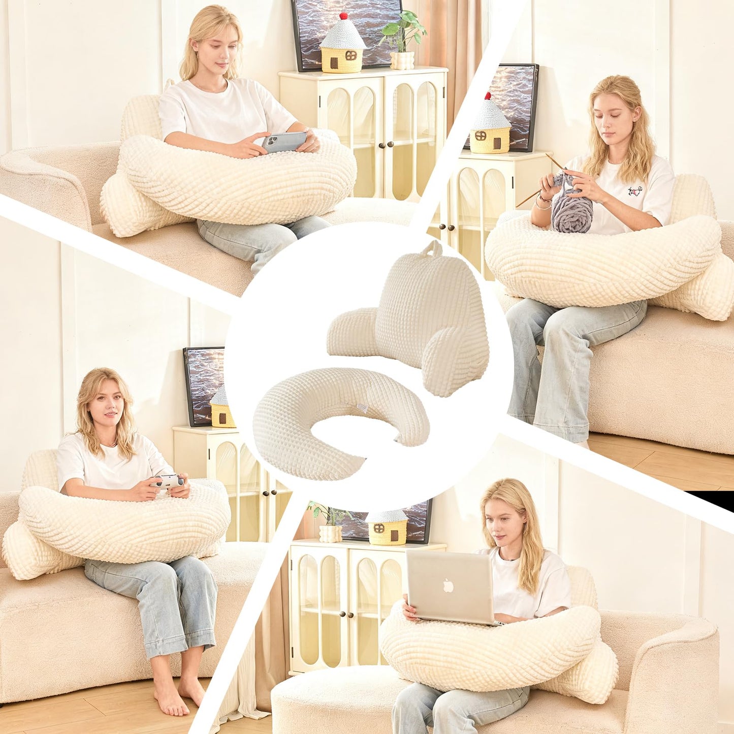 19" Reading Pillow for Bed,U Shaped Arm & Elbow Support,White Corduroy