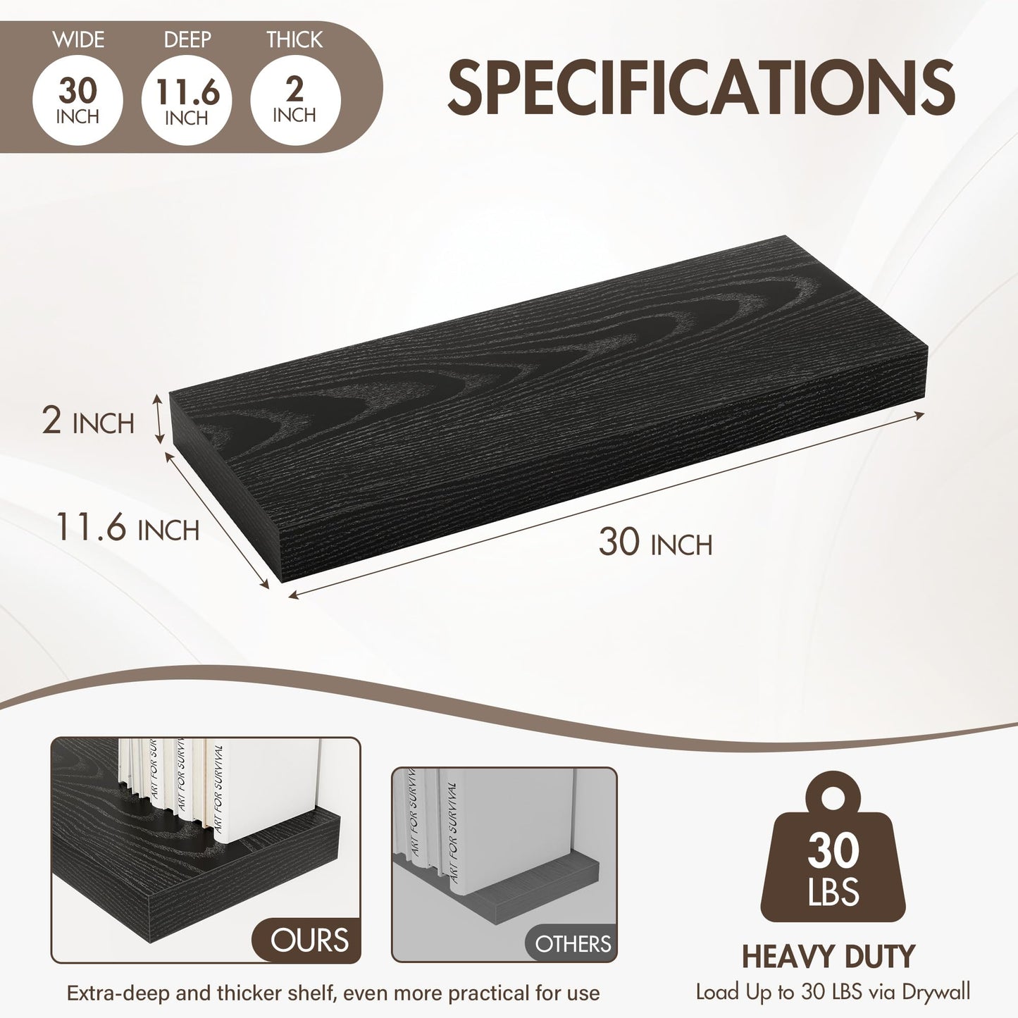 Acovy 30 Inch Floating Shelves, 12" Deep Floating Shelf Wall Mounted, 30" Wall Shelves, Rustic Deep Bookshelf, Extra Deeper & Thicker Display Shelves for Bedroom, Living Room, Black, Set of 2