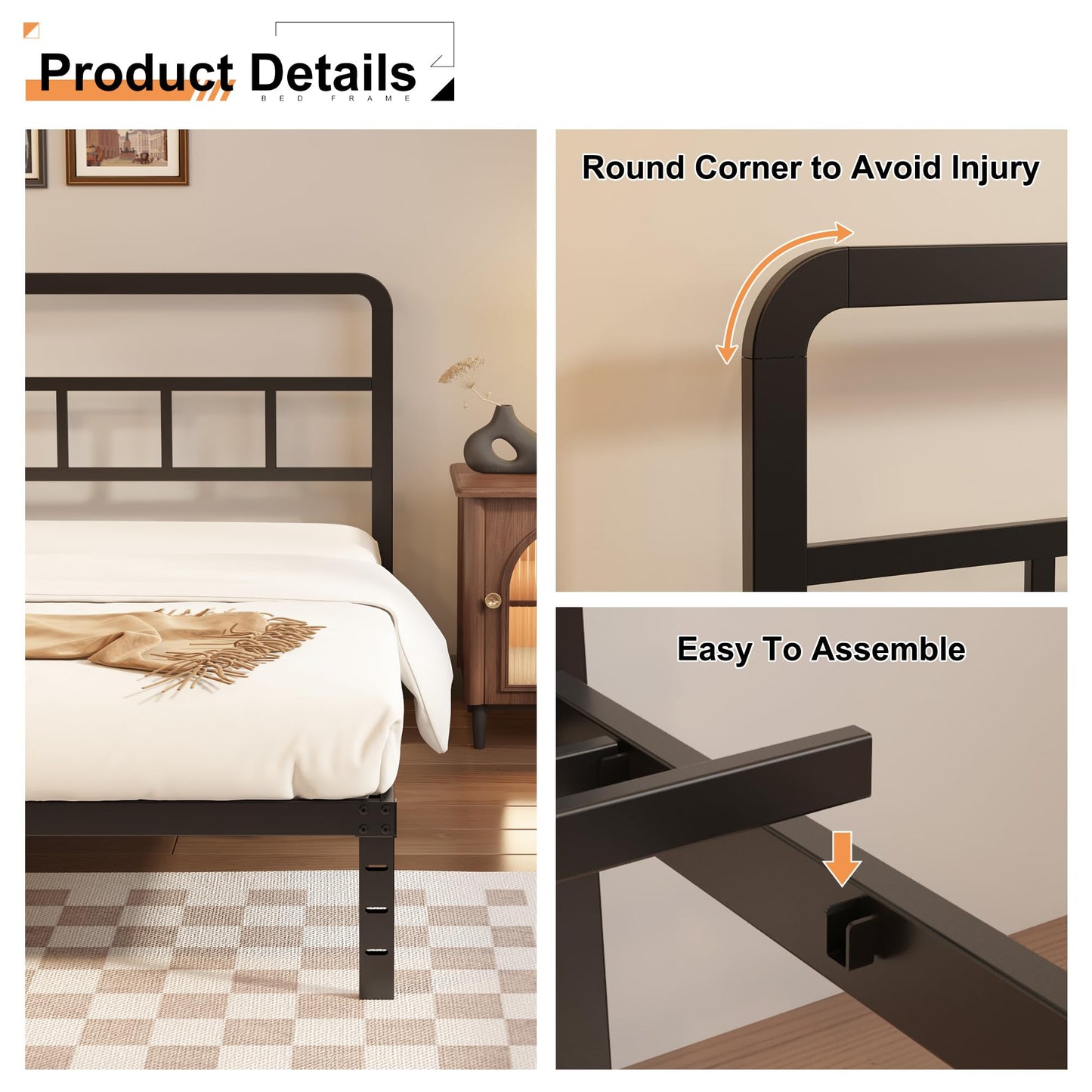 Husleephu Full Size Bed Frame with Headboard, 12 Inch Heavy Duty Metal Bed Frame Full, No Box Spring Needed, Noise Free, Easy Assemble, Black