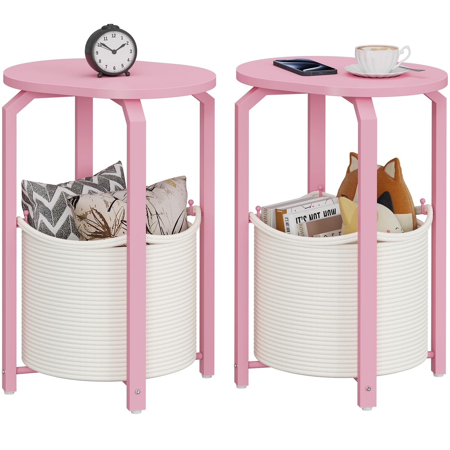 TUTOTAK Set of 2 Oval End Tables with Woven Storage Baskets, Pink Small Side Tables for Living Room, Bedroom, Pink TB01BP0932