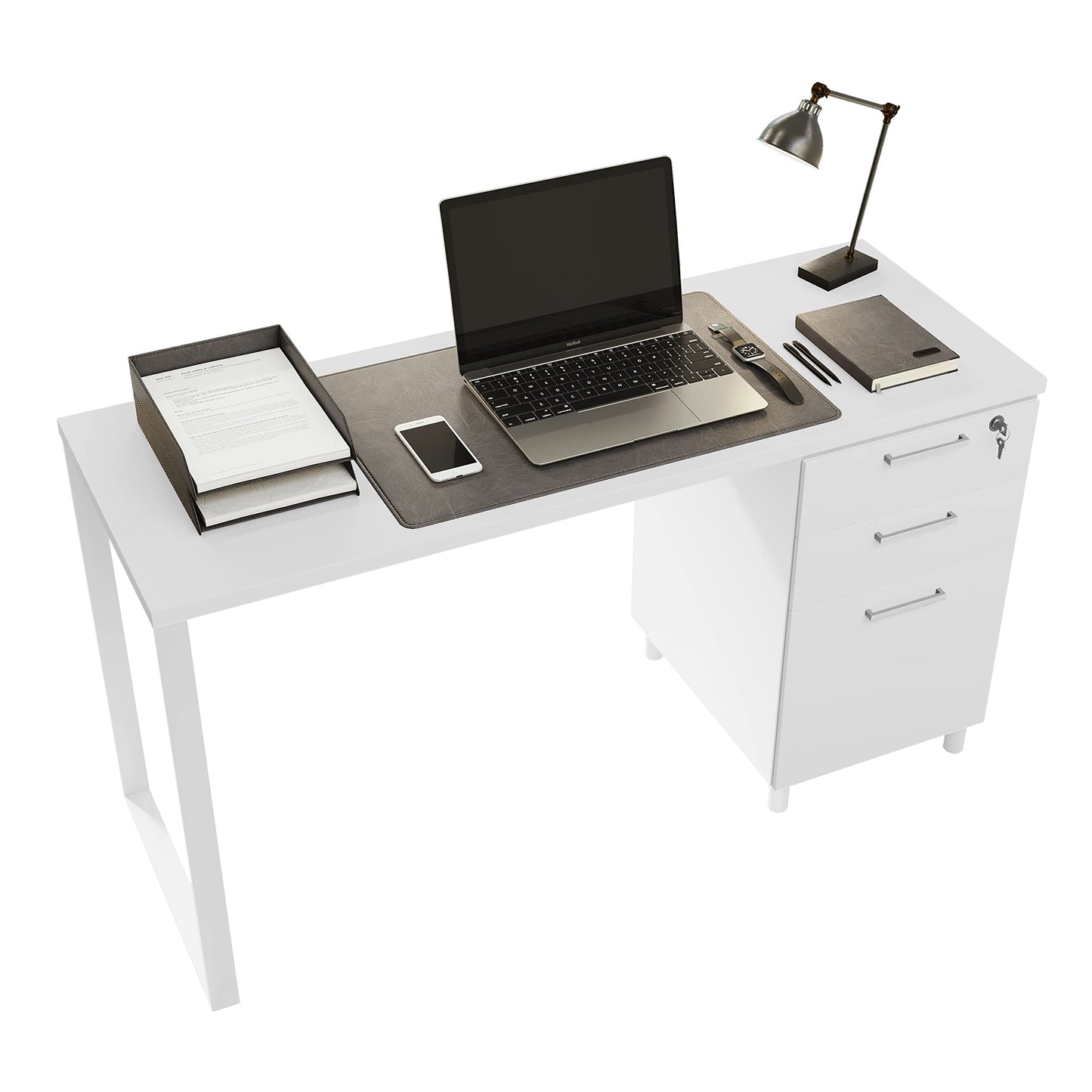 Modern Design Milano Office Desk with 3 Locking Drawers, 48 Inch White Industrial Wood Desk with Filing Drawer and Storage, by Crafts and Comfort