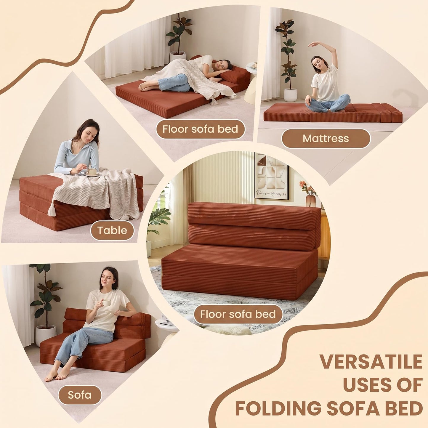 JUIKURY Folding Sofa Bed, Convertible Sleeper Chair with Pilow Foldable Matress, 2 in 1 Pull Out Loveseat Sofa Portable Fold Out Chair Bed Floor Couch Lounge for Living Room (Sand Red, Full)