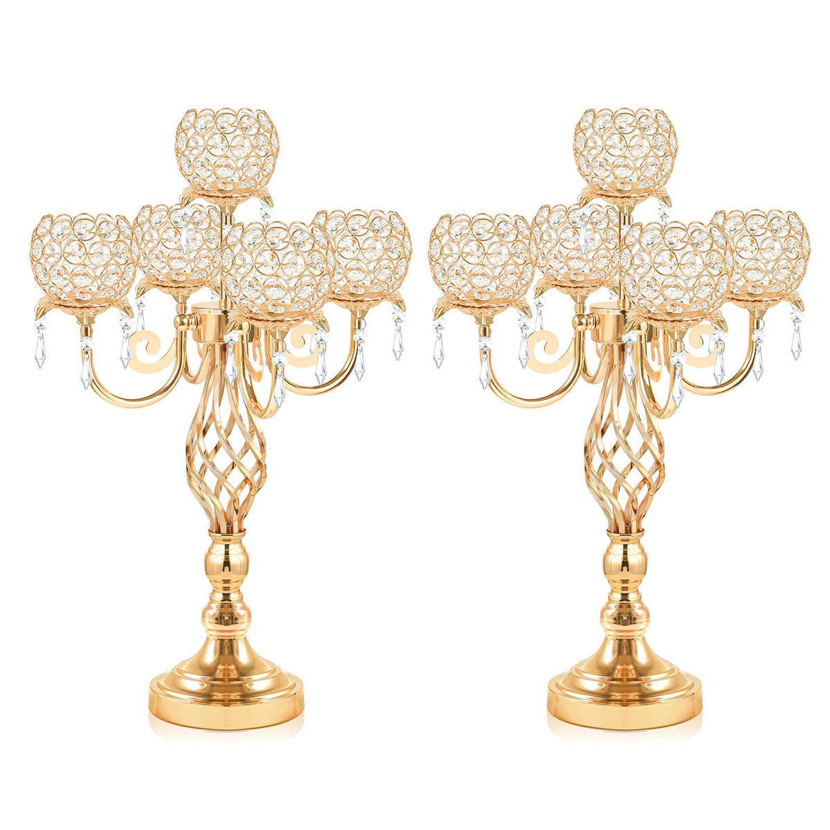 Kehail 5-Arm Crystal Candelabra Centerpiece 23.2" Tall - Elegant Candle Holder Stand with Crystal Bowl, Chic Table Decor for Weddings, Parties, Anniversary & Home Decoration (2, Gold)