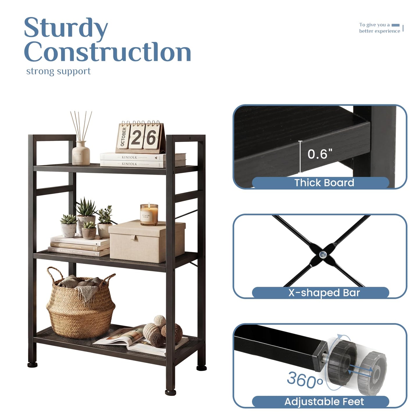 DUMOS 3 Tiers Open Bookshelf, Classic Freestanding Tall Display Shelf, Multifunctional Storage Organizer Rack for Living Room Home Office, Sturdy Bookcase for CDs/Books/Movies, Black