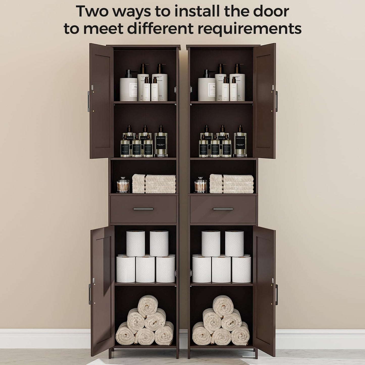 Homhedy 67" H Tall Bathroom Storage Cabinet with 2 Barn Doors and 1 Drawer, Narrow Storage Unit, Adjustable Shelves, Floor Cabinet for Bathroom, Living Room, Entryway, Kitchen, Brown, (15.7" W)