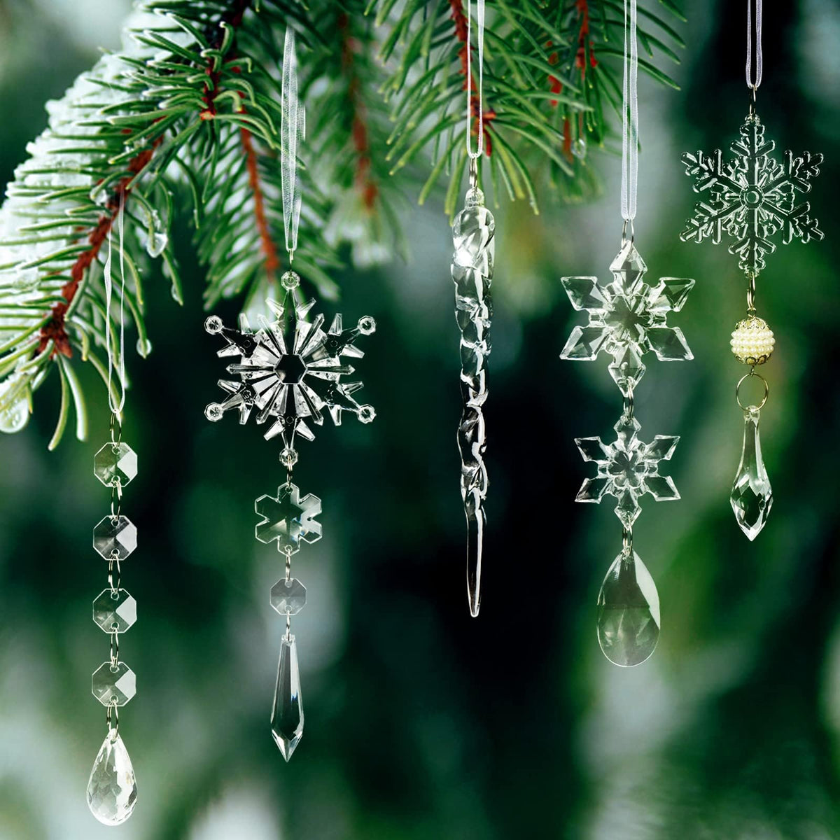 18pcs Christmas Tree Decoration Crystal Ornaments - Hanging Acrylic Christmas Snowflake Icicle Drop Crystal Ornaments for Xmas Tree Winter New Year Party Supplies