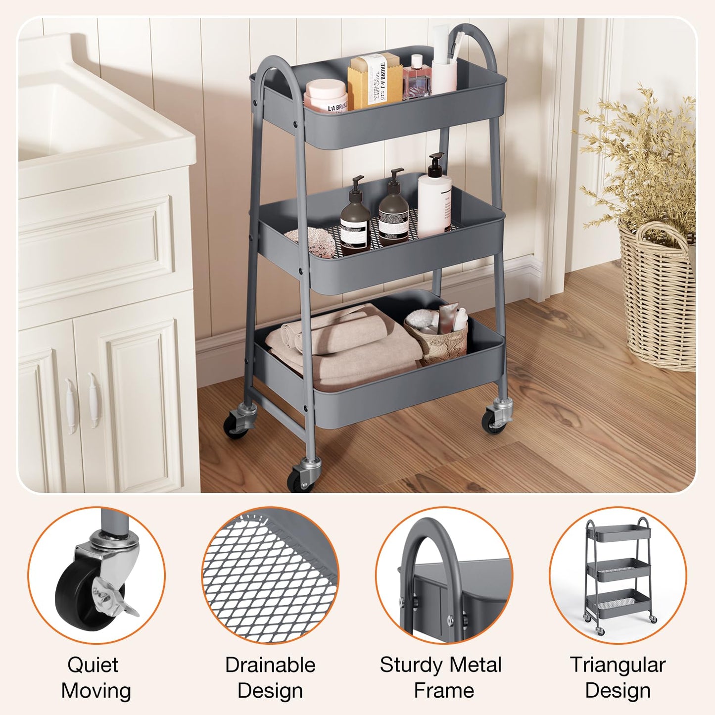NEWBULIG 3-Tier Metal Rolling Cart with Lockable Wheels, Heavy Duty Mobile Utility Storage Shelf, Roller Book Snack Cart, Organization for Livingroom, Bathroom, Office, Grey