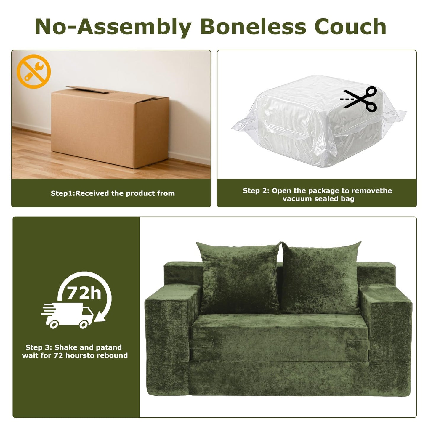 feliz home Boneless Loveseat Couches, Convertible Sofa Bed Folding Couch Bed, Boneless Chair Bed & Futon Sofa Bed, Small Pull Out Couch Foldable with 4 Pillows for Living Room, Green
