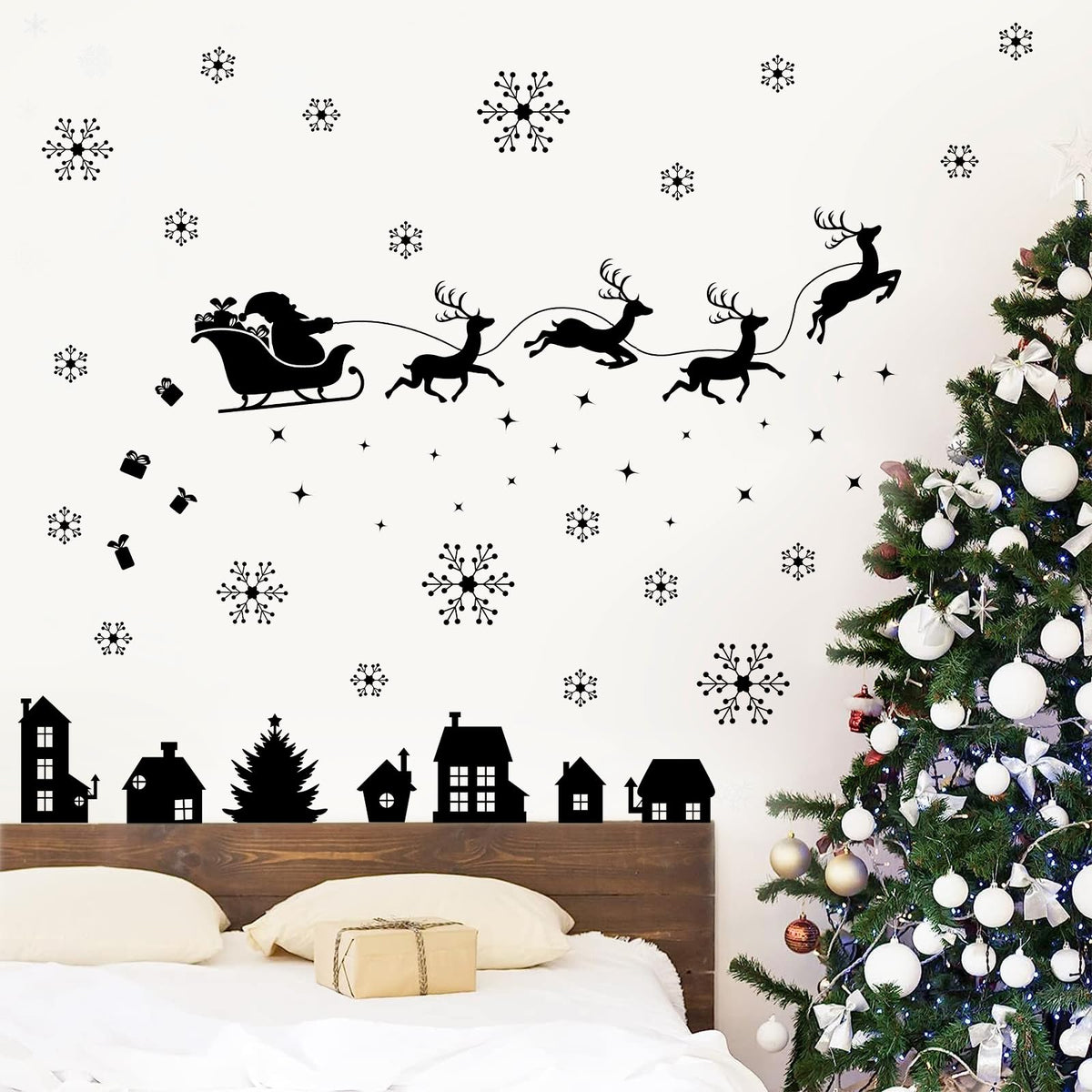 Merry Christmas Wall Decal Black Santa Reindeer Snowflake Window Clings Wall Stickers Removable Xmas Vinyl Wall Decor for Holiday Party Bedroom Office Living Room Home Decoration