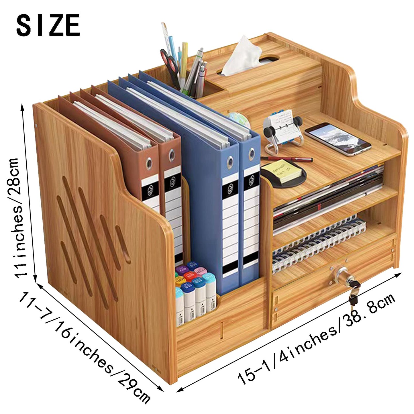Zyners Bamboo Desk Organizer, Desktop Wood Bookshelf File Organizer, Pen Holder and Tissue Holder, 1 Drawer with lock for Office, Home, Need to Install(Cherry Wood)