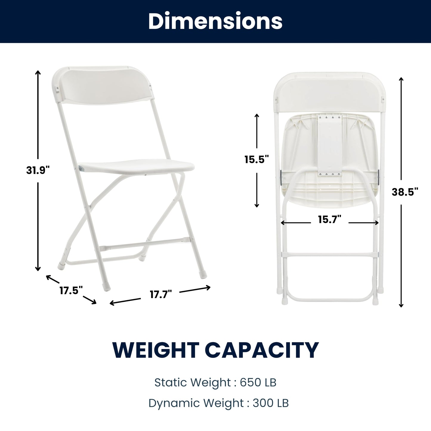 BTEXPERT White Plastic Folding Chair Steel Frame Commercial High Capacity Event Chair Lightweight Set for Office Wedding Party Picnic Kitchen Dining Church School