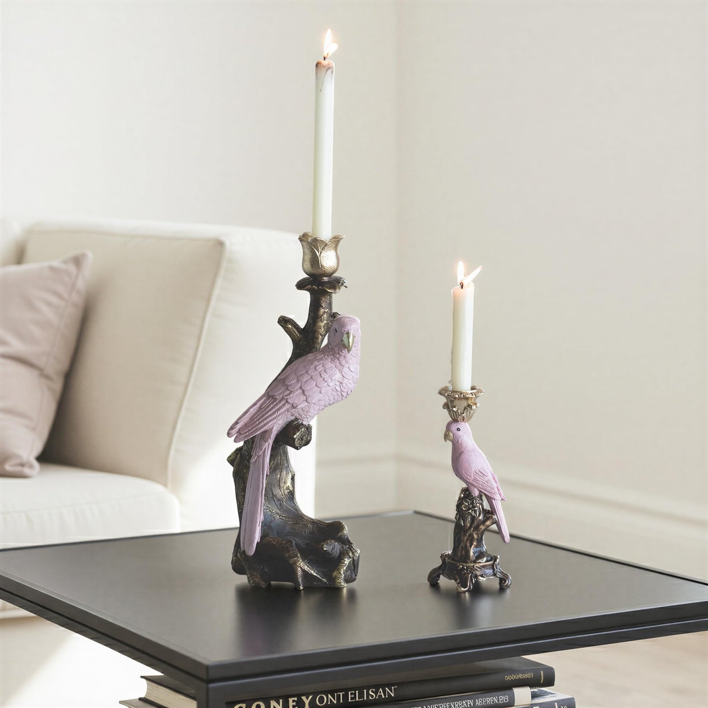 Creative Co-Op Resin Parrot-on-Branch Taper Candle Holder, Antique Gold and Pink Finish
