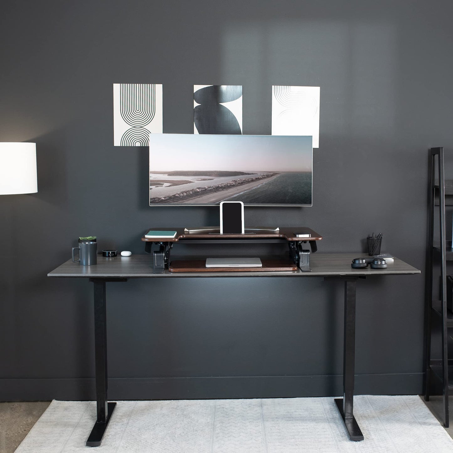 VIVO 42 inch Height Adjustable Stand Up Desk Converter, V Series, Quick Sit to Stand Tabletop Dual Monitor Riser Workstation, Dark Walnut Top, Black Frame, DESK-V000VLD