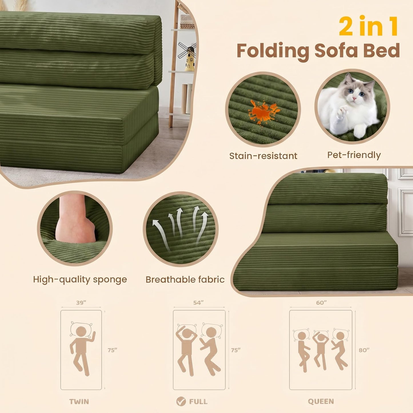 JUIKURY Folding Sofa Bed, Convertible Sleeper Chair with Pilow Foldable Matress, 2 in 1 Pull Out Loveseat Sofa Portable Fold Out Chair Bed Floor Couch Lounge for Living Room (Green, Full)