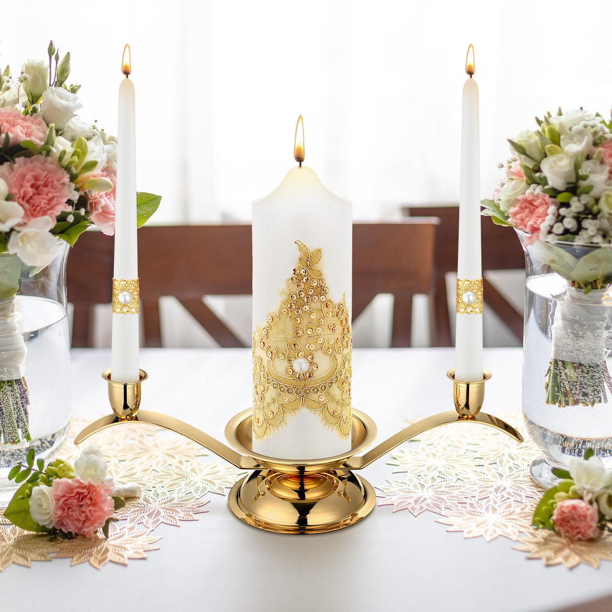 Irenare Unity Candles with Holder for Wedding Ceremony Wedding Decortions Accessories Glass Candle Holder Pillar Candle for Formal Events Church(Gold Wedding)