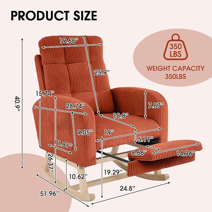 NIOIIKIT Nursery Rocking Chair, Corduroy Upholstered Rocking Chair