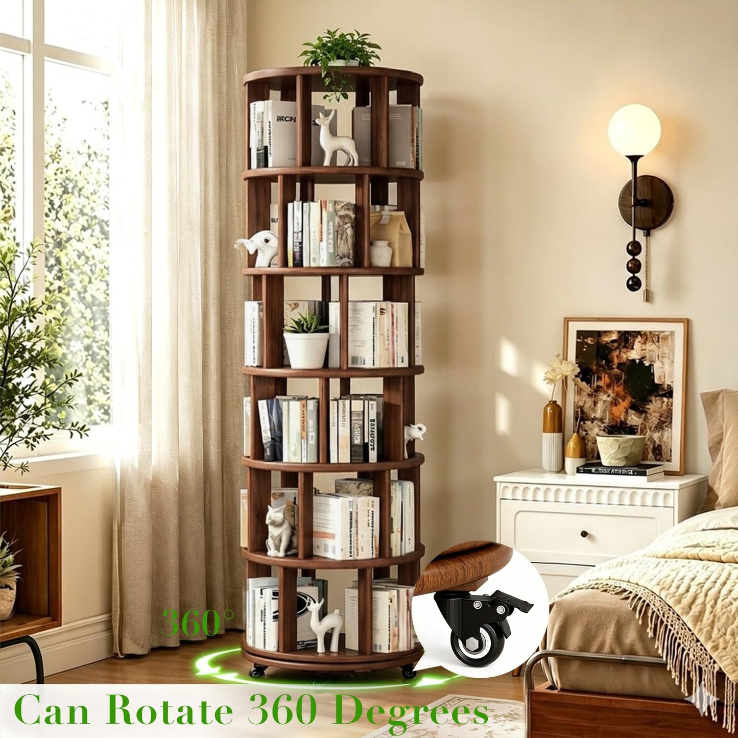 Azlafu 6 Tier Rotating Solid Wood Bookshelf, Corner Small Bookshelf Lazy Susan Organizer,Circular Rotating Spinning Bookshelf on Wheels, Revolving 360° Bookshelf for Small Spaces for Bedroom