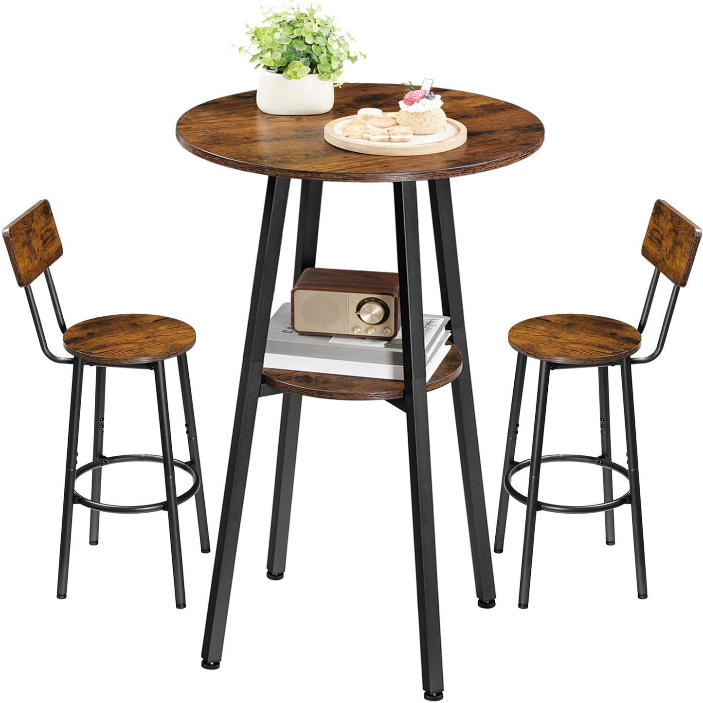 HOOBRO 3 Pieces Round Bar Height Table and Chairs Set, Round Dining Table Set, Pub Table and Chairs for Small Space, 2 Tier Kitchen Table and Bar Stools with Back, Rustic Brown BF35BT01