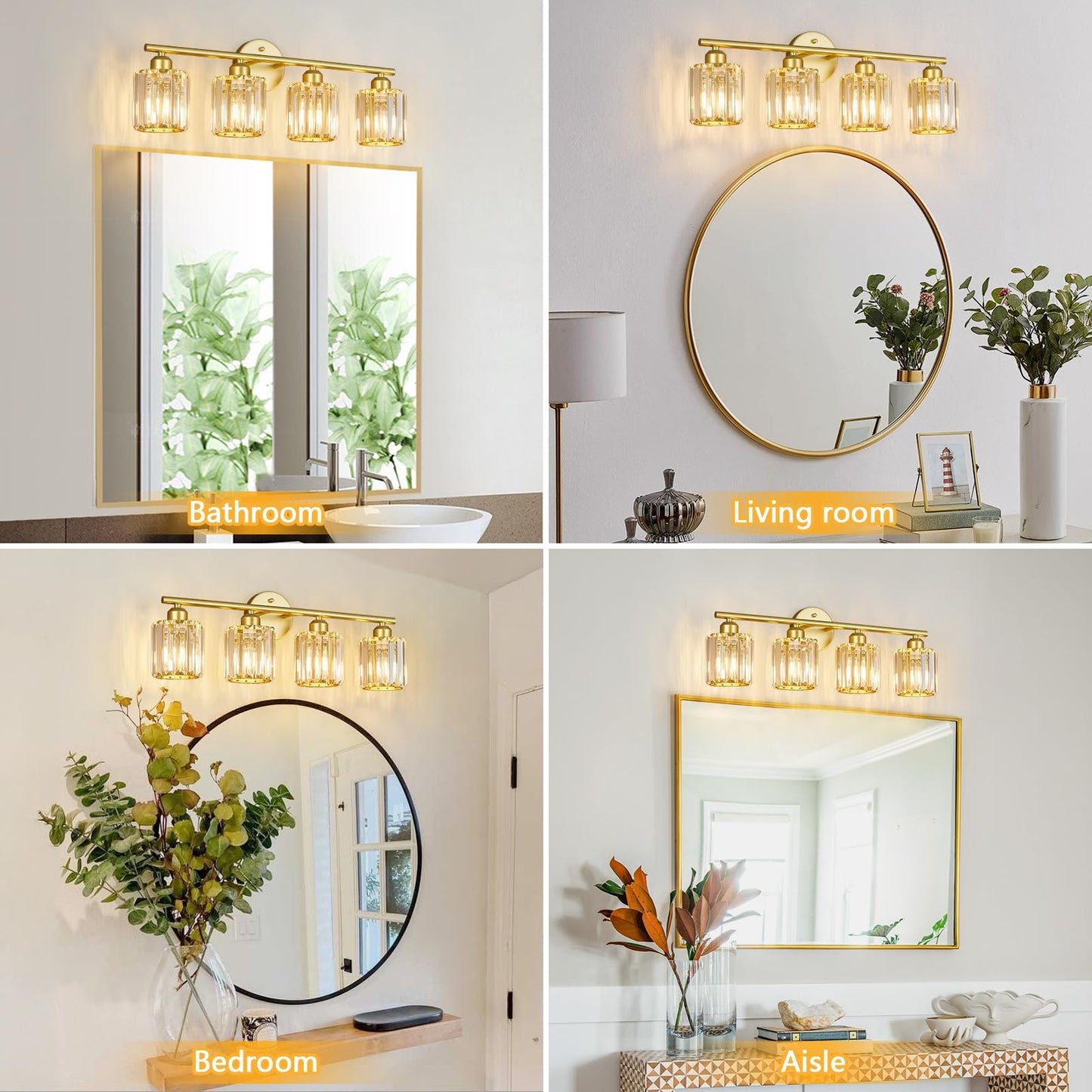 FDPBY Modern 4 Light Crystal Vanity Light, Gold Vertical Bathroom Light Fixture Over Mirror for Dressing Table Sink, Compatible with Dimmable Bulbs (Bulbs Not Included)