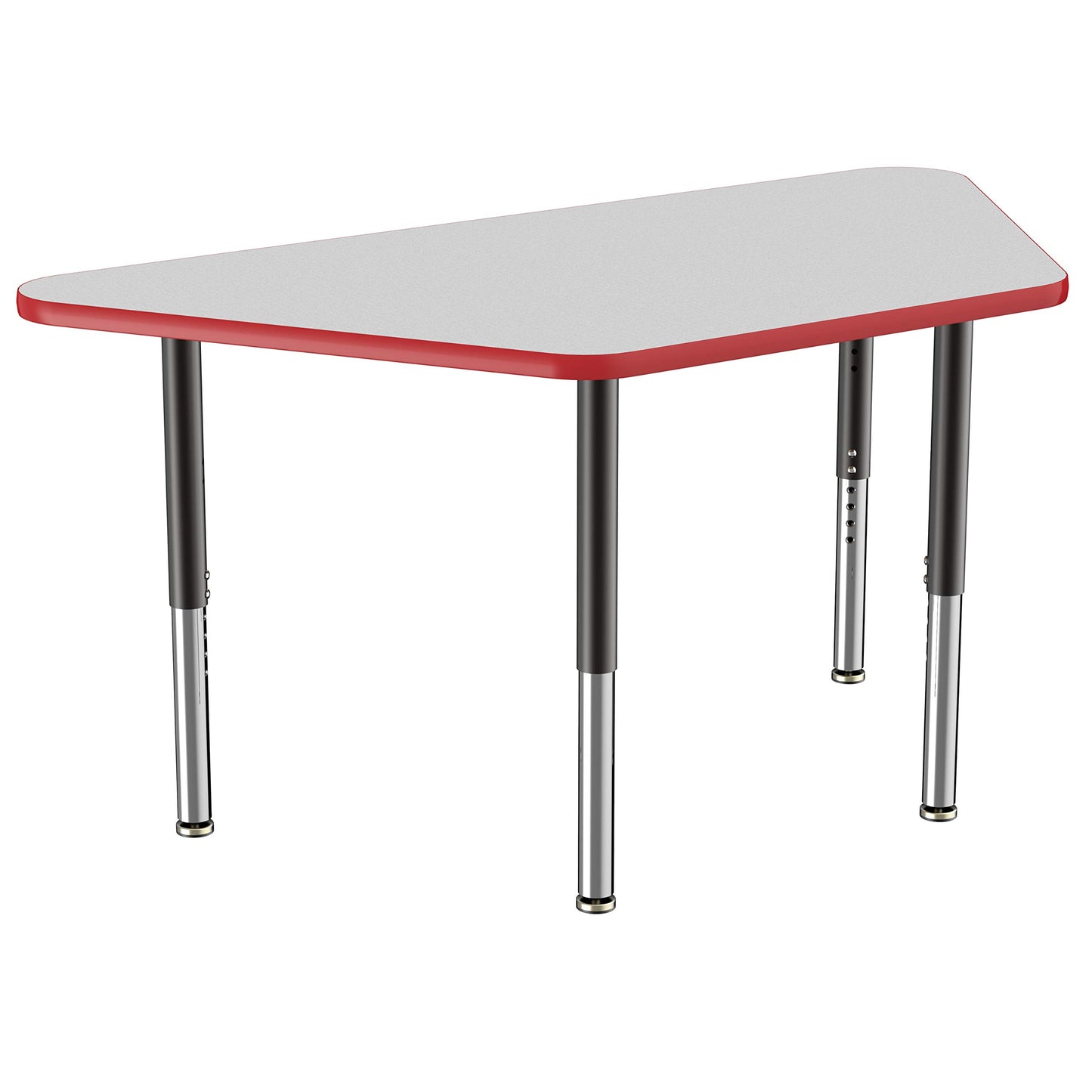 FDP Mobile Trapezoid Activity School and Office Table (30 x 60 inch), Super Legs with Glides and Casters for Collaborative Environments, Adjustable Height 19-30 inches - Gray Top and Red Edge